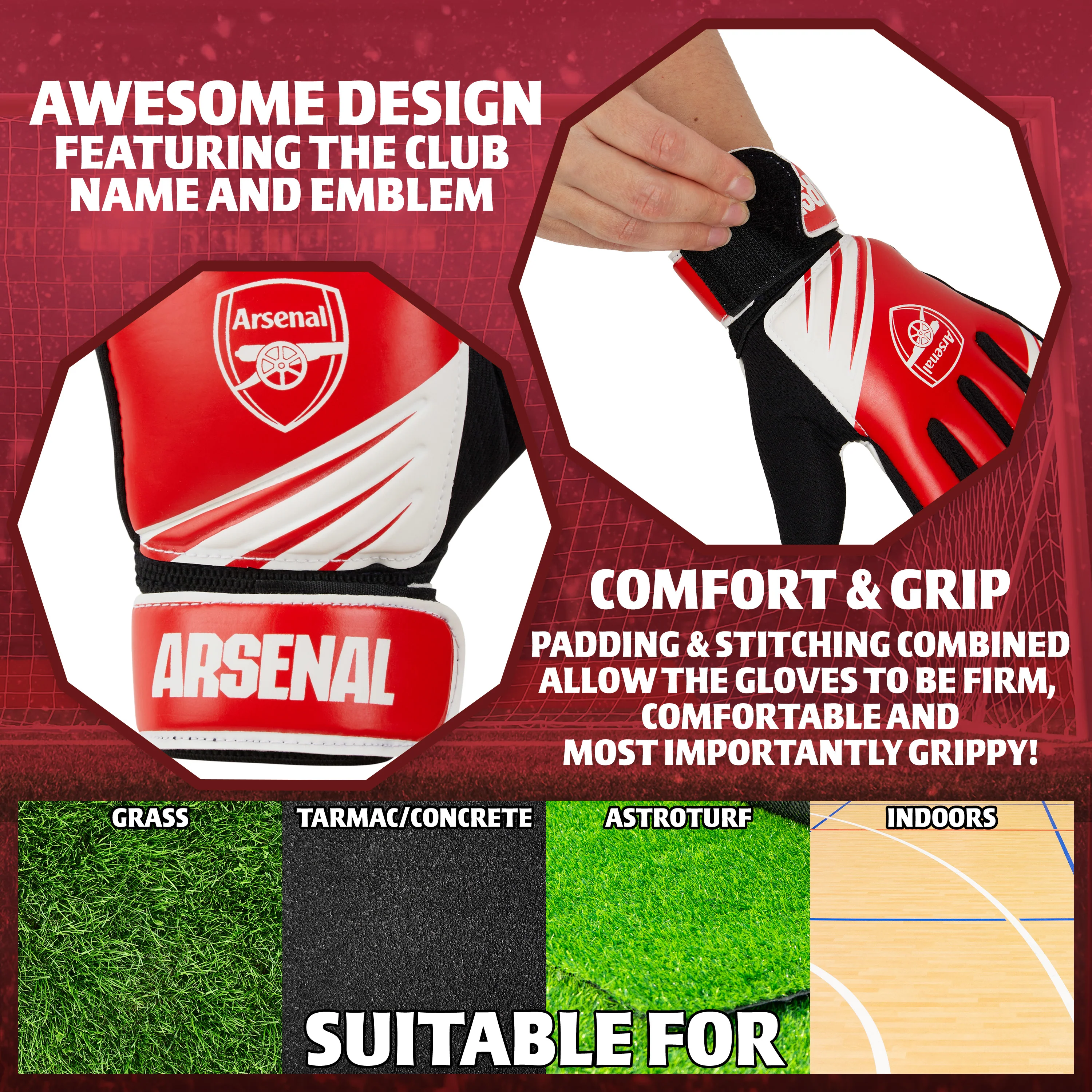 Arsenal F.C. Goalkeeper Gloves for Kids Teenagers - Non Slip Padded Palms Size 5 or 7 - Arsenal Gifts for Boys (Size 7) - Image 5