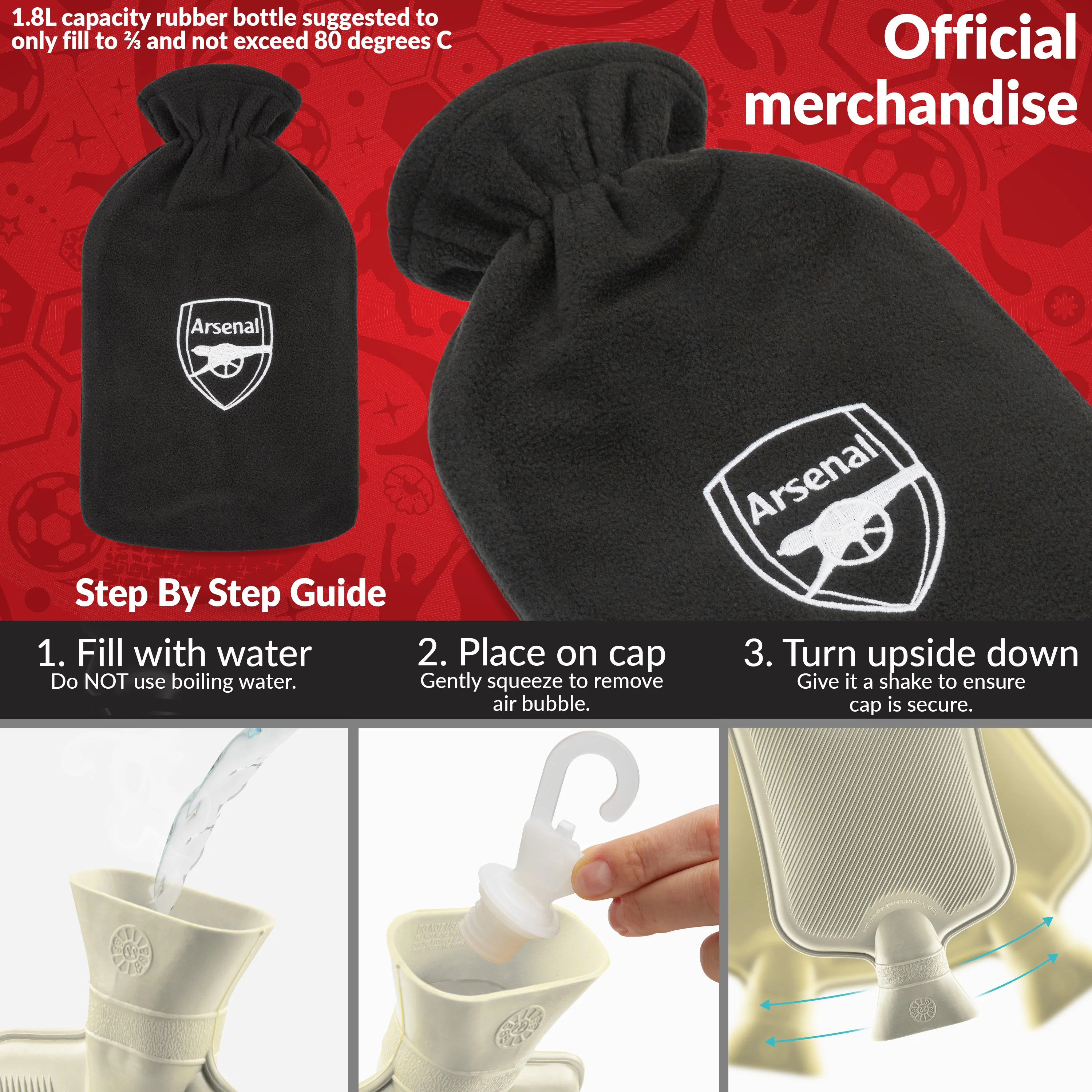 Arsenal F.C. Hot Water Bottle with Soft Cover 1.8L - Football Gifts for Him (Black) - Image 6