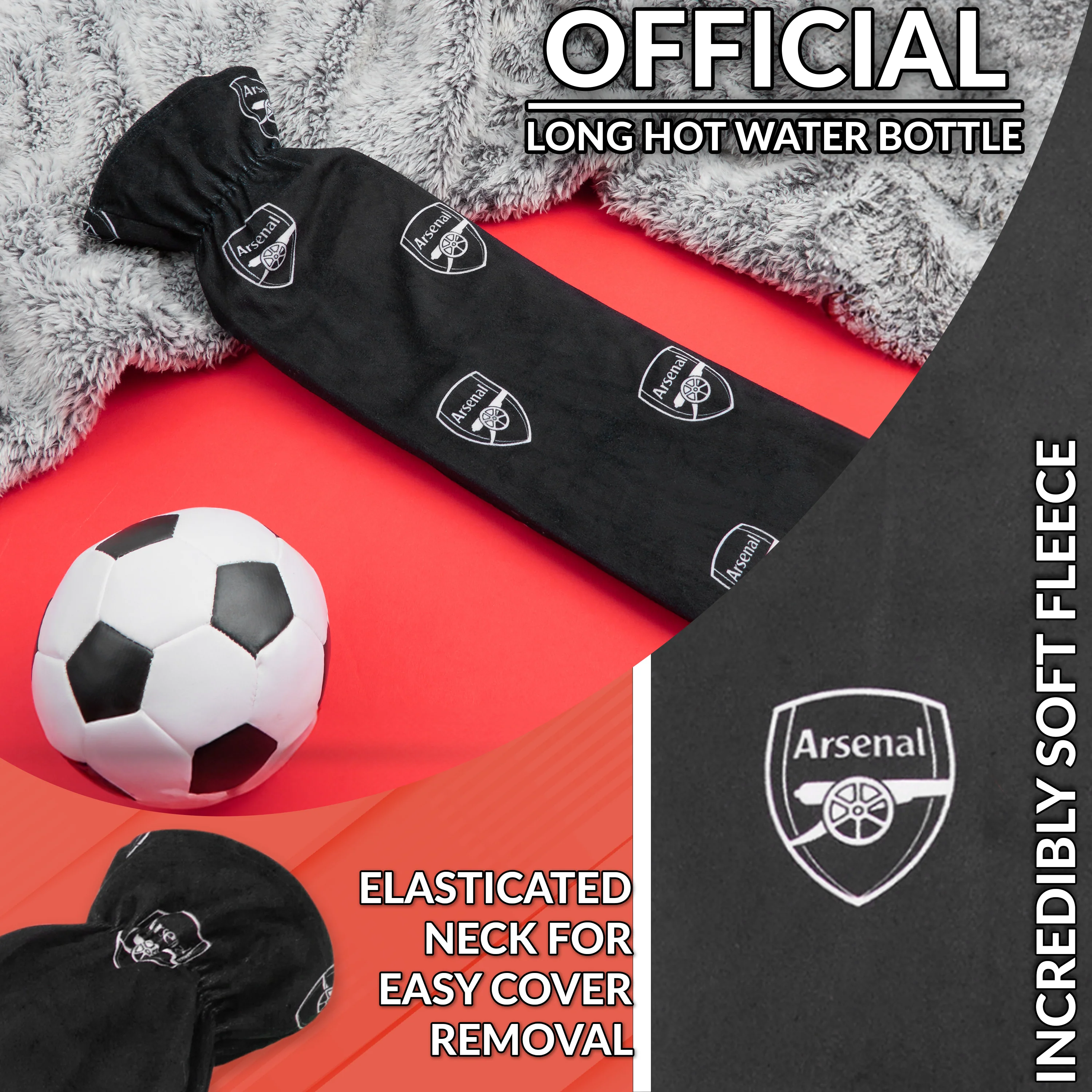 Arsenal F.C. Long Hot Water Bottle with Soft Cover 2L - Football Gifts for Him (Black Long) - Image 4