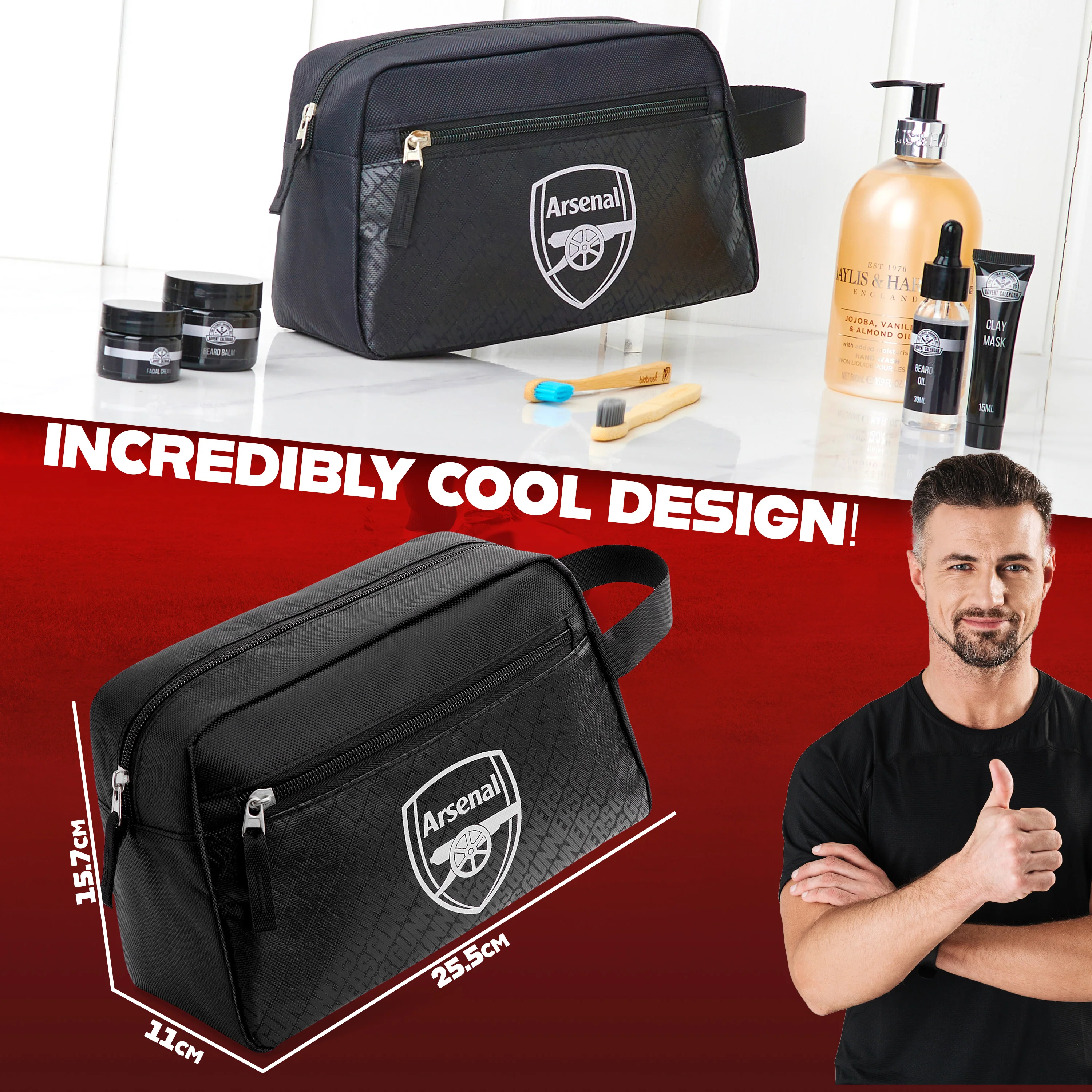 Arsenal F.C. Toiletry Bags for Men, Hanging Travel Wash Bag with Zipped Pockets - Image 6
