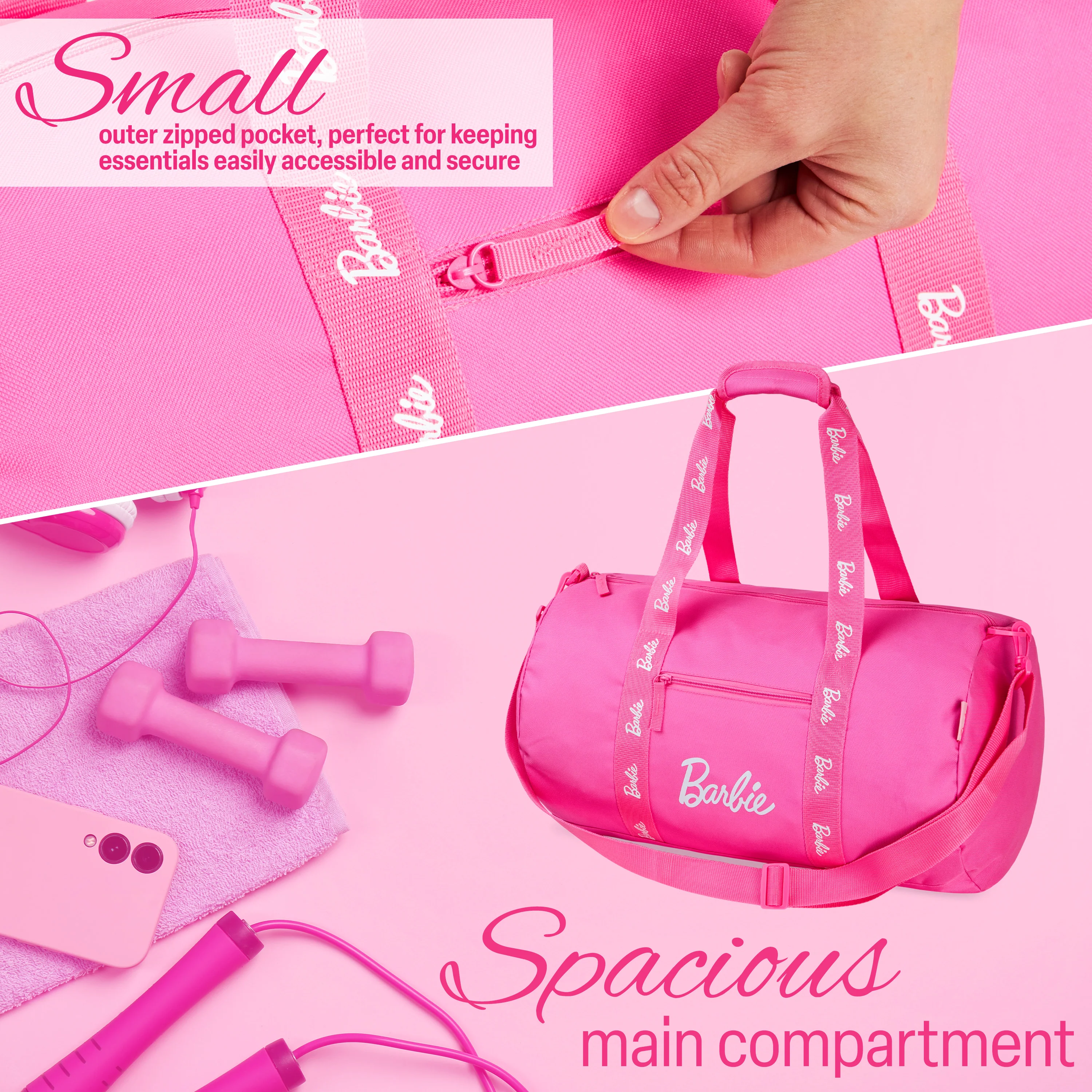 Barbie Duffel Bag, Spacious Weekend Bag with Zipped Pockets for Travel and Gym - Image 3