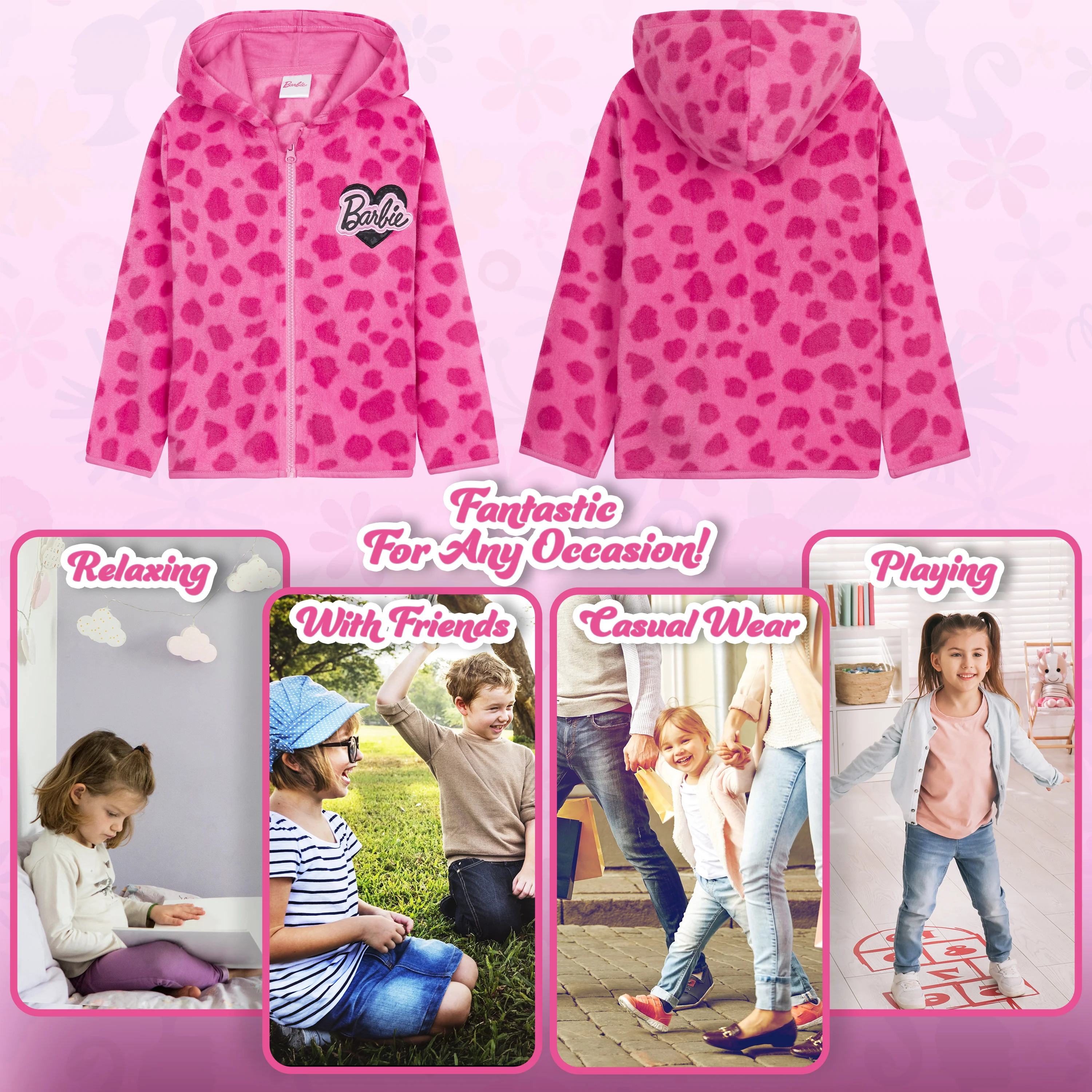 Barbie Girls Jacket - Hot Pink Hooded Fleece Jackets for Girls - Image 4