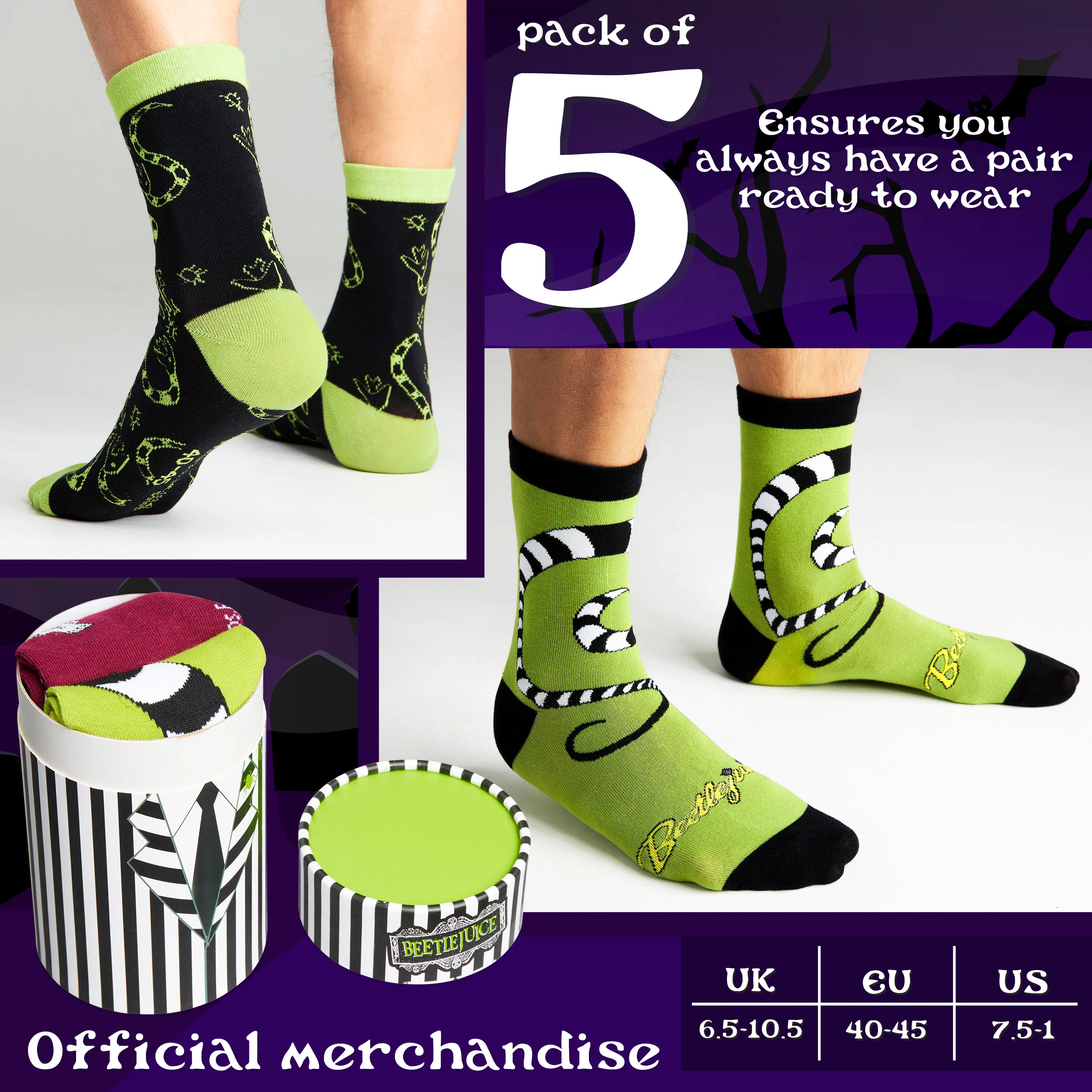 BEETLEJUICE Men's Novelty Calf Length Socks, Pack of 5 Funny Socks - Gifts for Him - Image 6