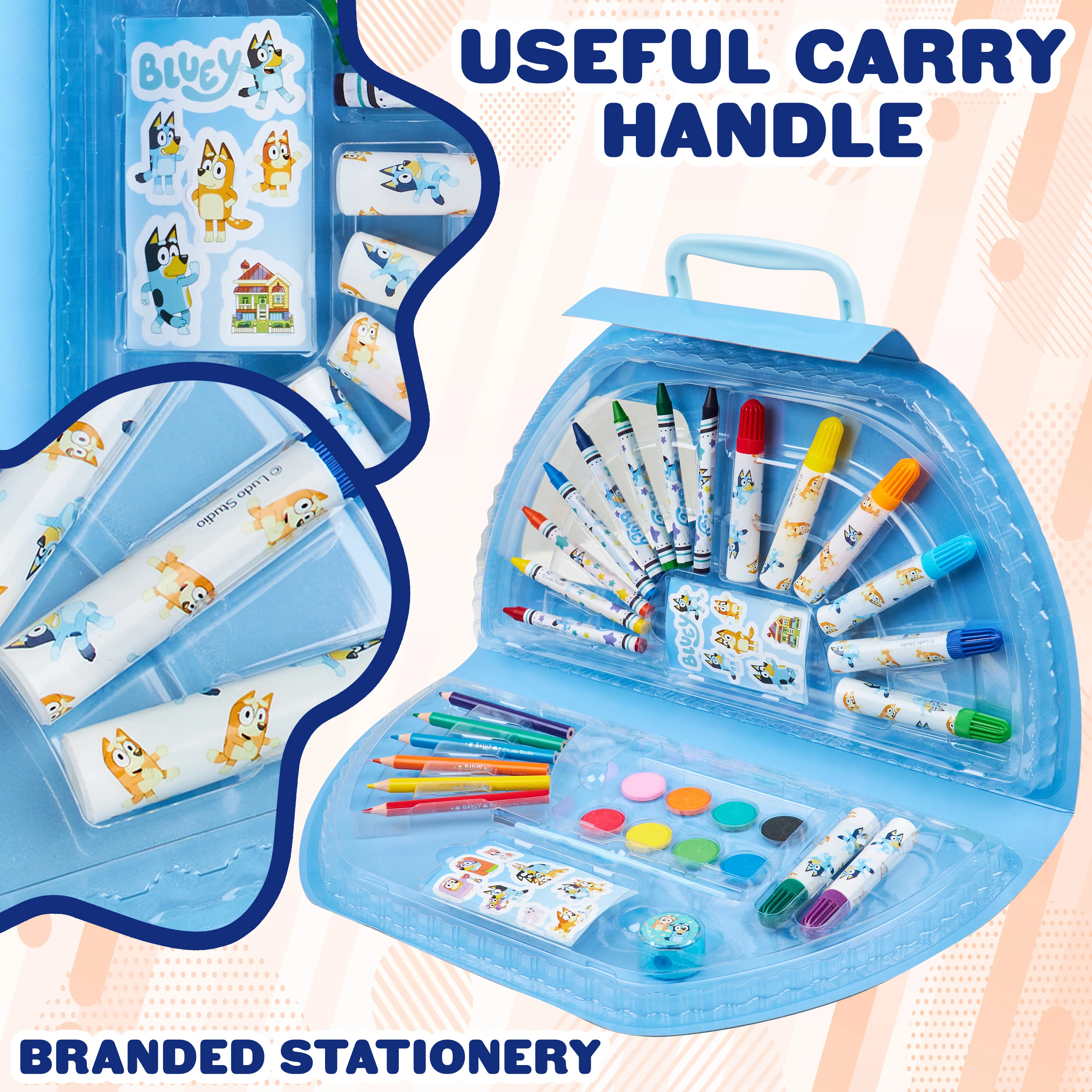 Bluey Art Set for Kids Art Supplies Paints Colouring Pens Colouring Pencils Crayons Carry Case Arts and Crafts Kids Gifts (Blue Halfmoon Case) - Image 4