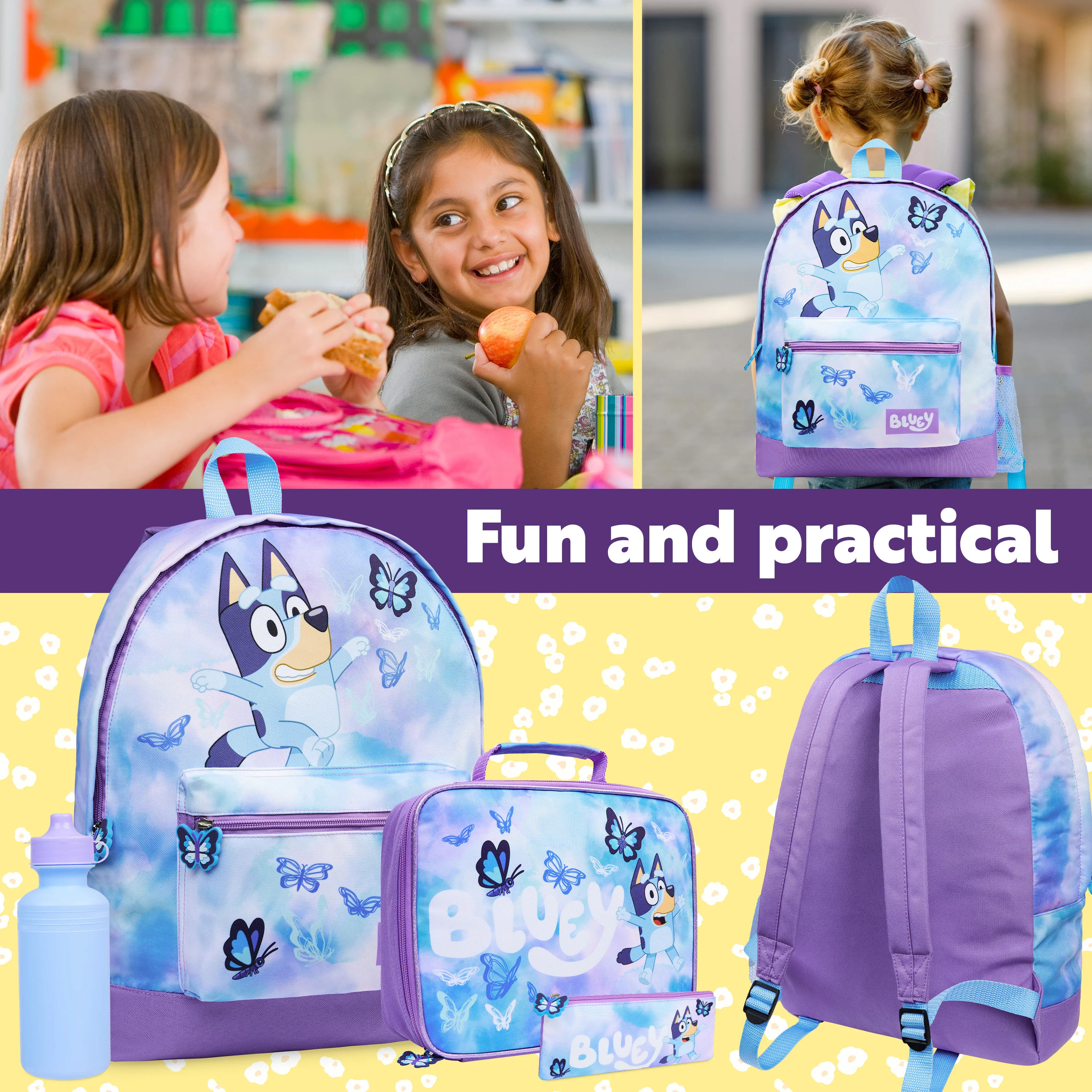 Bluey Backpack Set 4 Pcs Water Bottle Pencil Case School Bag Swim or Lunch Bag Nursery School Supplies Travel Rucksack Set Butterfly - Image 3
