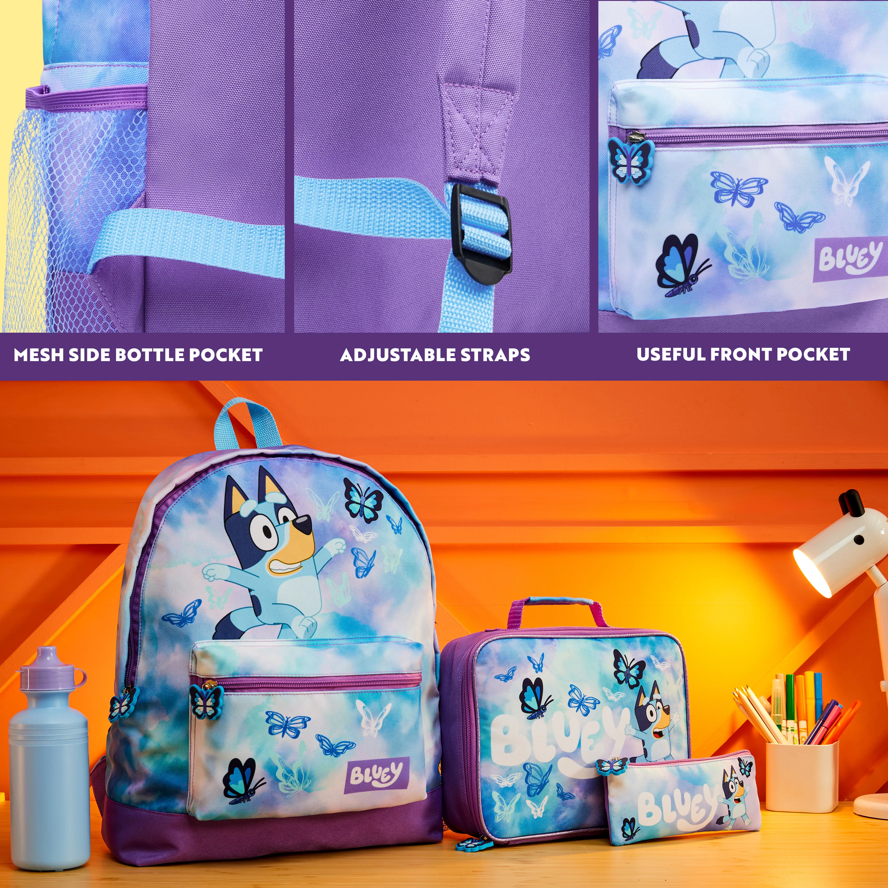 Bluey Backpack Set 4 Pcs Water Bottle Pencil Case School Bag Swim or Lunch Bag Nursery School Supplies Travel Rucksack Set Butterfly - Image 4