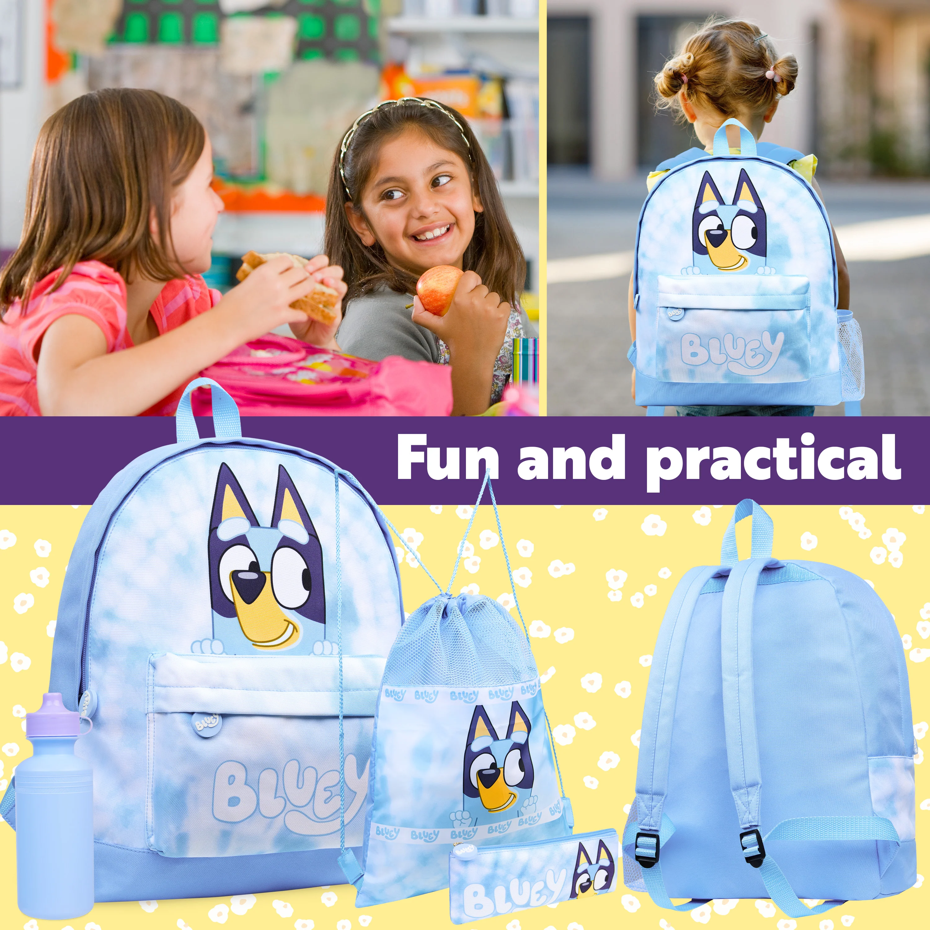 Bluey Backpack Set 4 Pcs Water Bottle Pencil Case School Bag Swim or Lunch Bag Nursery School Supplies Travel Rucksack Set Tie Dye - Image 3