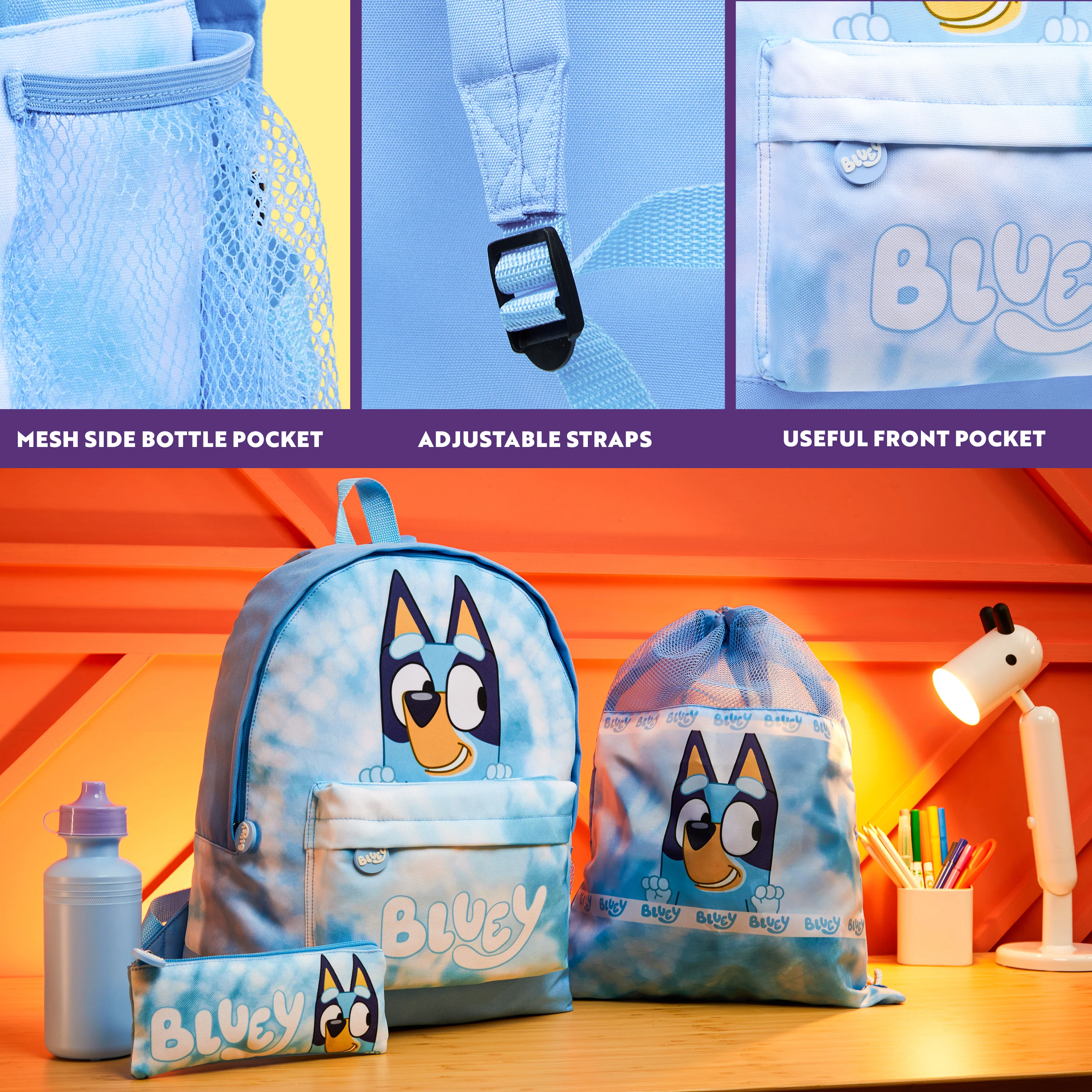 Bluey Backpack Set 4 Pcs Water Bottle Pencil Case School Bag Swim or Lunch Bag Nursery School Supplies Travel Rucksack Set Tie Dye - Image 4
