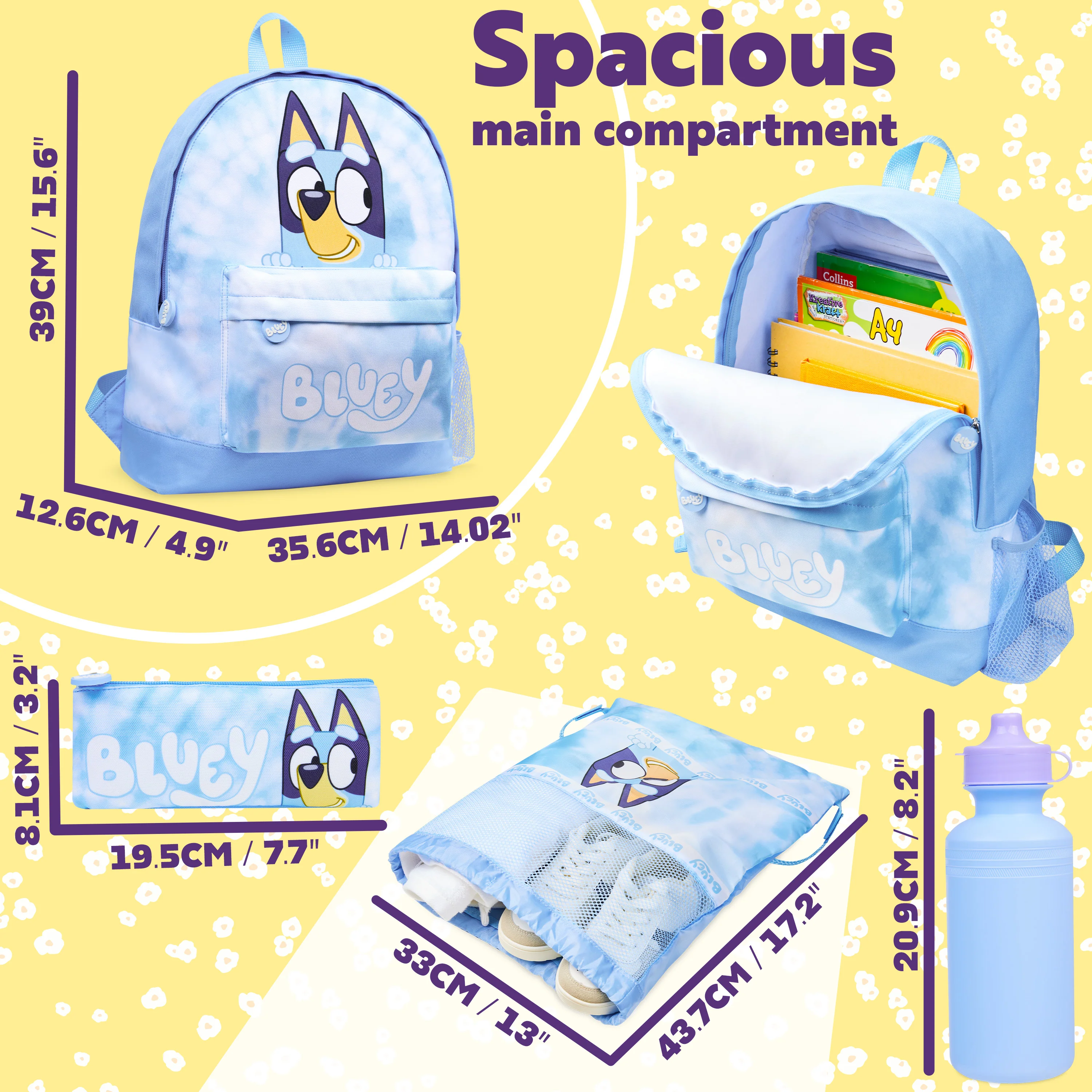 Bluey Backpack Set 4 Pcs Water Bottle Pencil Case School Bag Swim or Lunch Bag Nursery School Supplies Travel Rucksack Set Tie Dye - Image 6