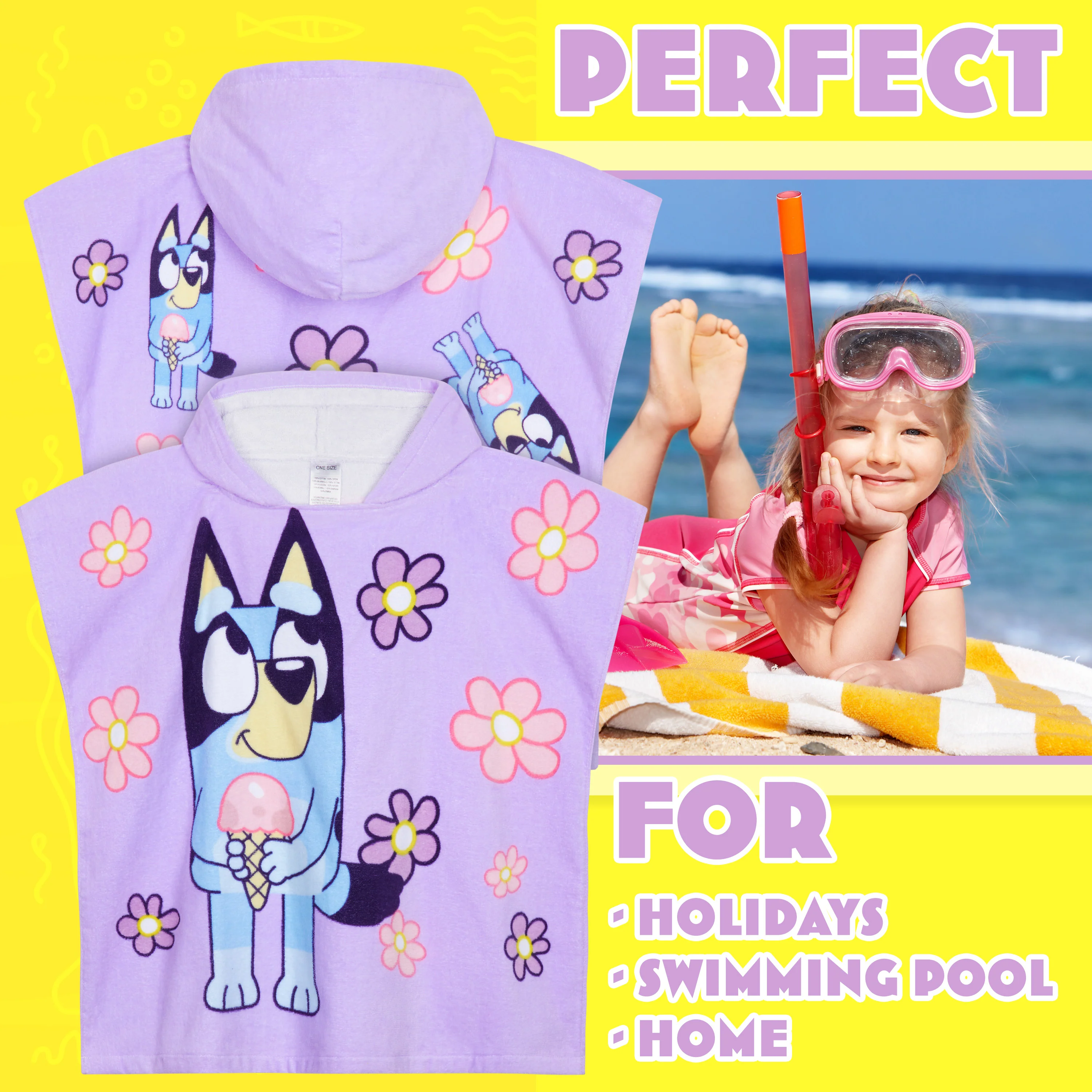 Bluey Bath Towel with Hood for Kids Absorbent Changing Robe Cotton Poncho for Swimming Bath Shower Beach Towel Holiday Essentials (Purple, 3-8 Years) - Image 2