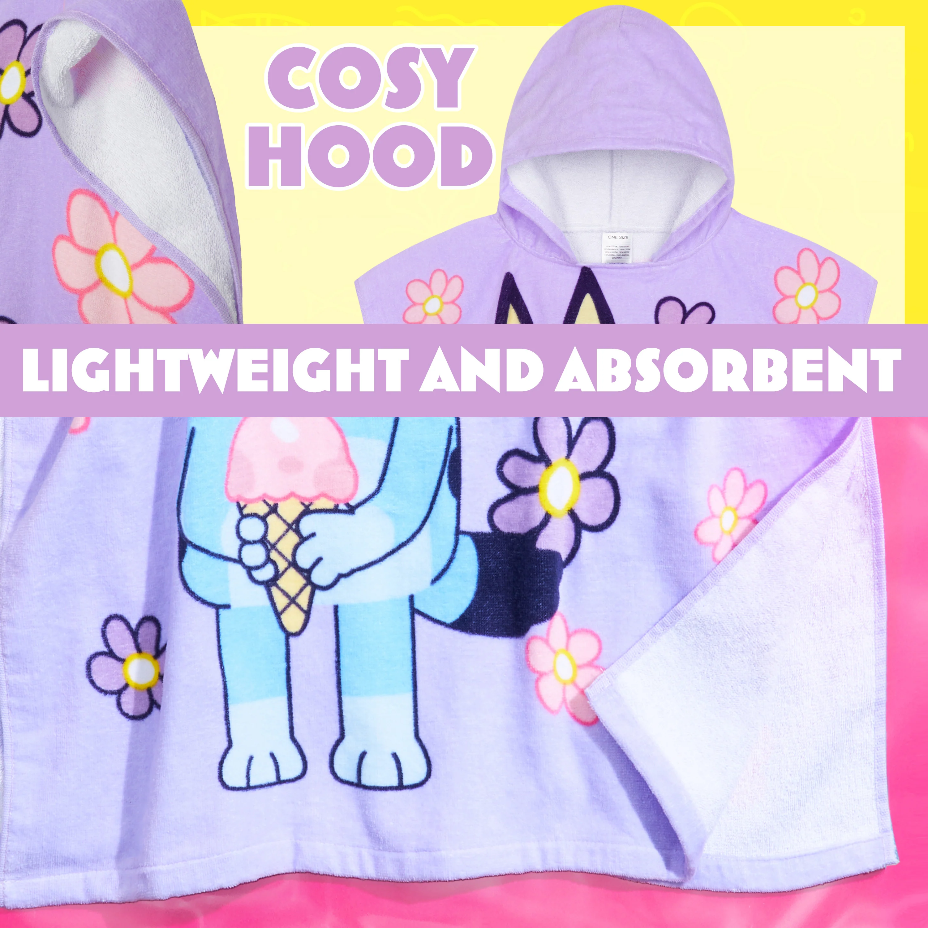 Bluey Bath Towel with Hood for Kids Absorbent Changing Robe Cotton Poncho for Swimming Bath Shower Beach Towel Holiday Essentials (Purple, 3-8 Years) - Image 4