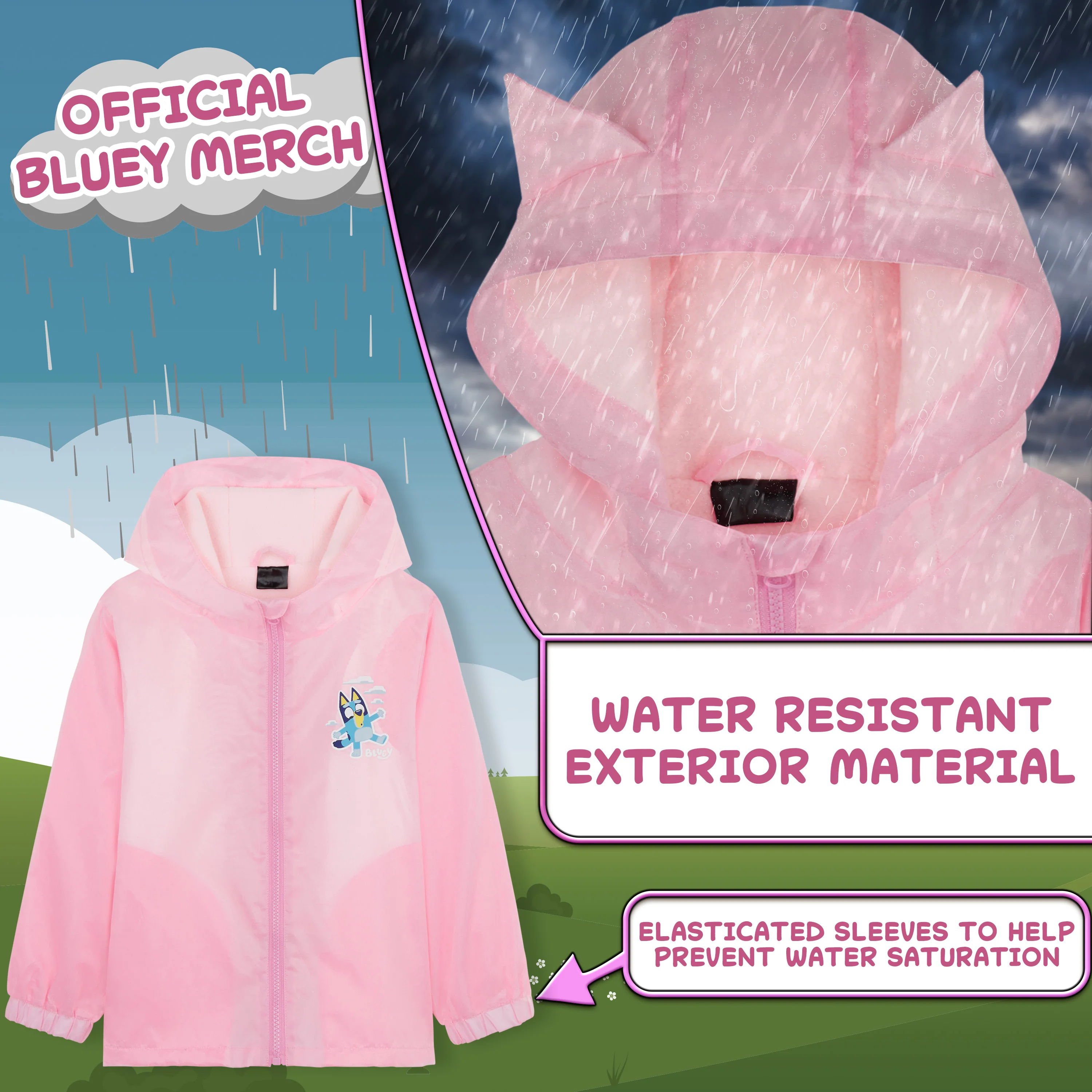 Bluey Girls Raincoat with Hood, Waterproof Fleece Lined Coat Kids Outdoor Rainwear Hooded Jacket - Image 3