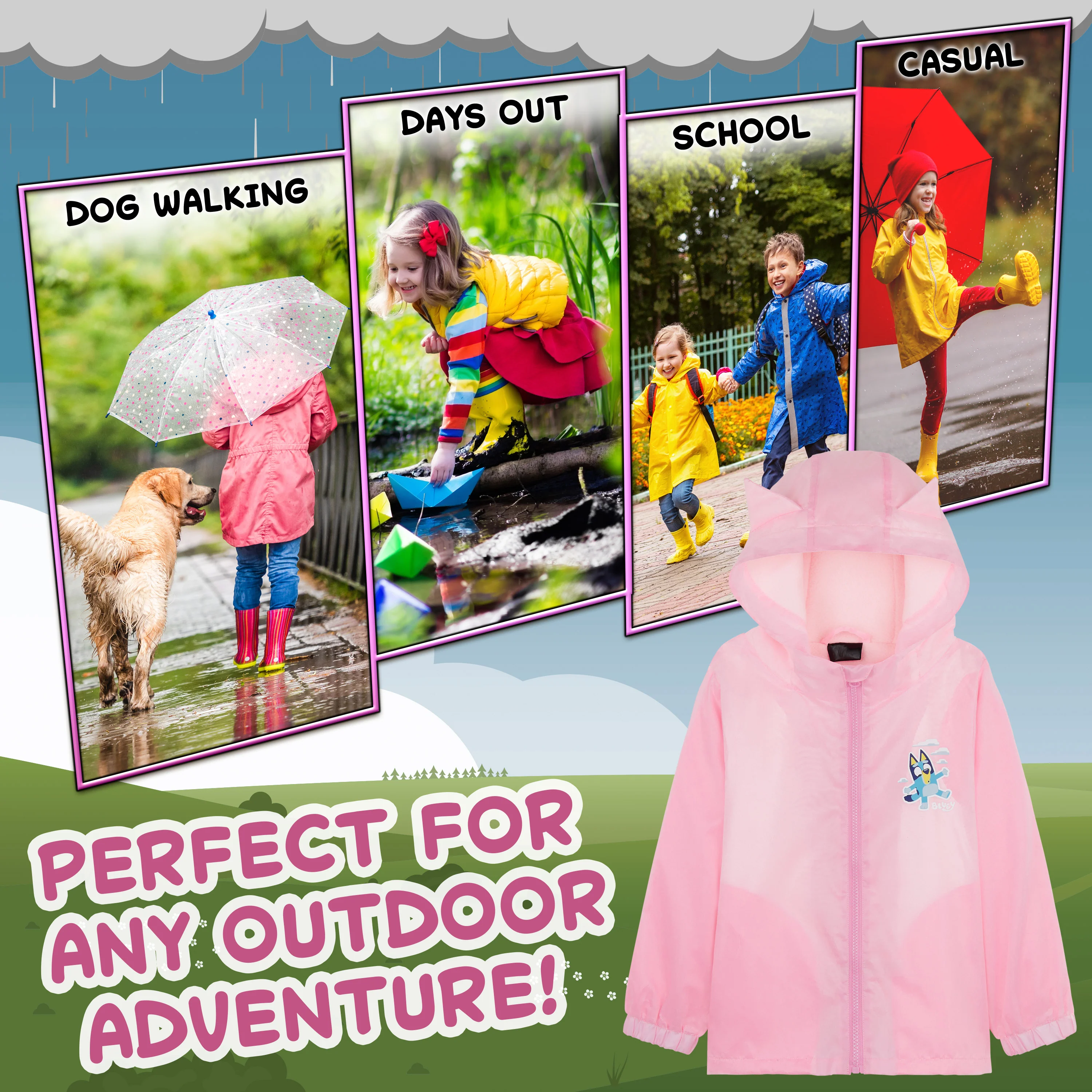 Bluey Girls Raincoat with Hood, Waterproof Fleece Lined Coat Kids Outdoor Rainwear Hooded Jacket - Image 4