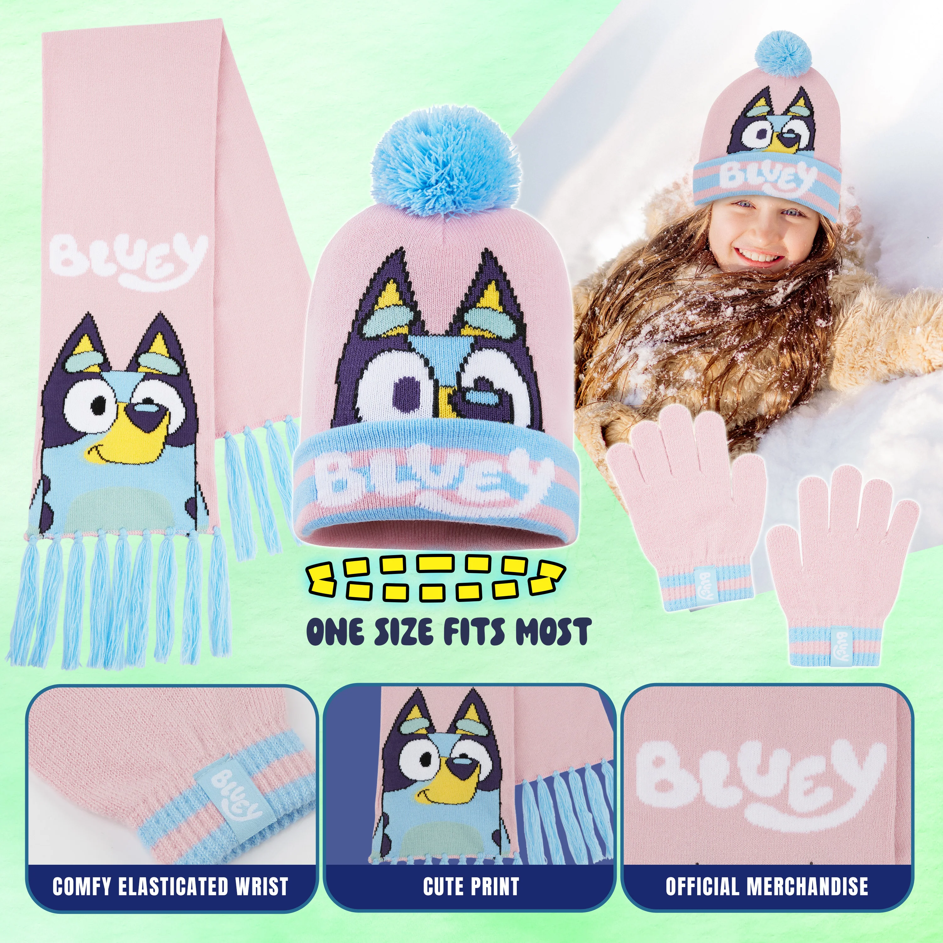 Bluey Hat Scarf and Gloves Set Kids - Beanie Scarf and Kids Gloves One Size Cosy Winter Accessories - Gifts for Kids - Image 5