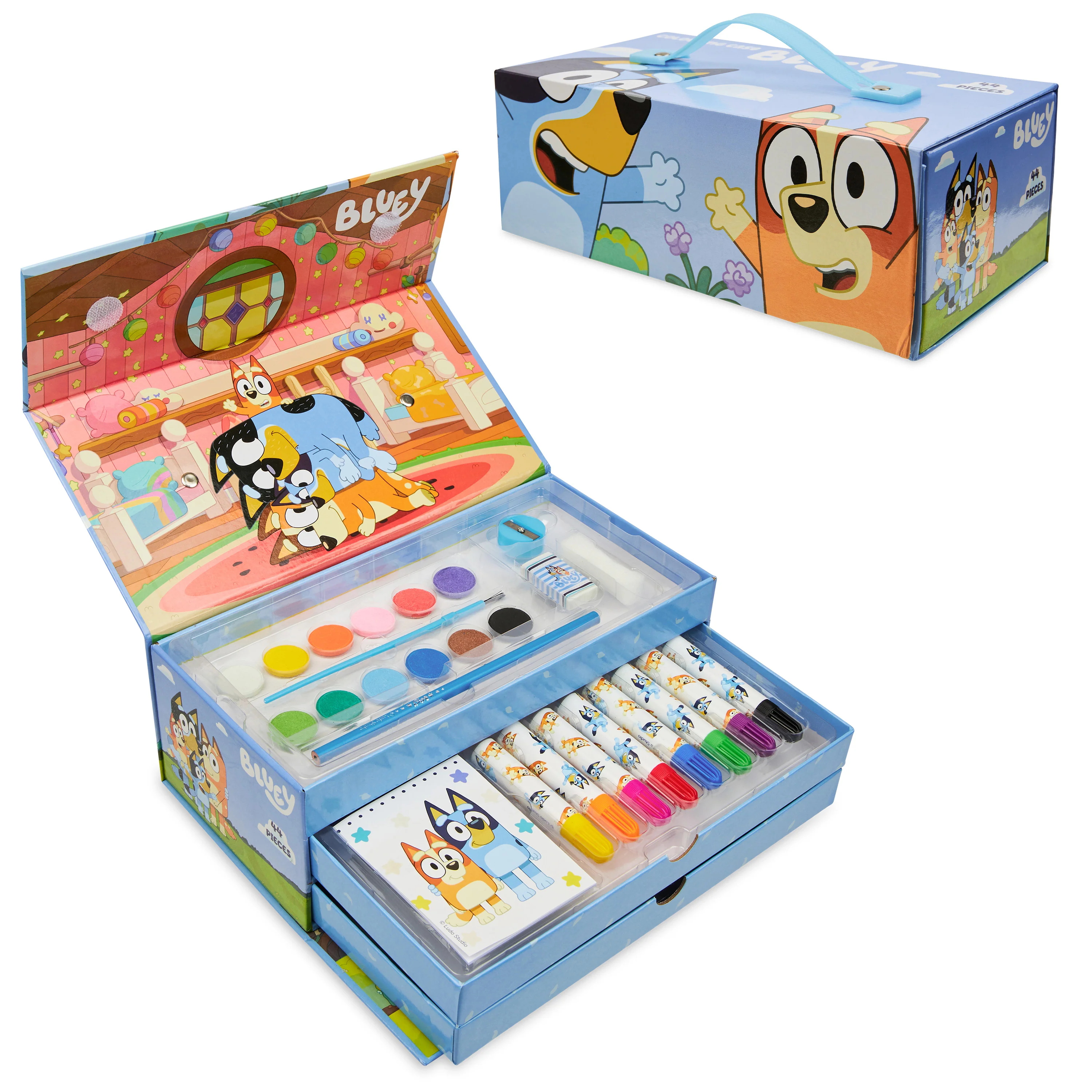 Bluey Art Set for Kids Art Supplies Paints Colouring Pens Colouring Pencils Crayons Carry Case Arts and Crafts Kids Gifts (Blue 3 Tier)