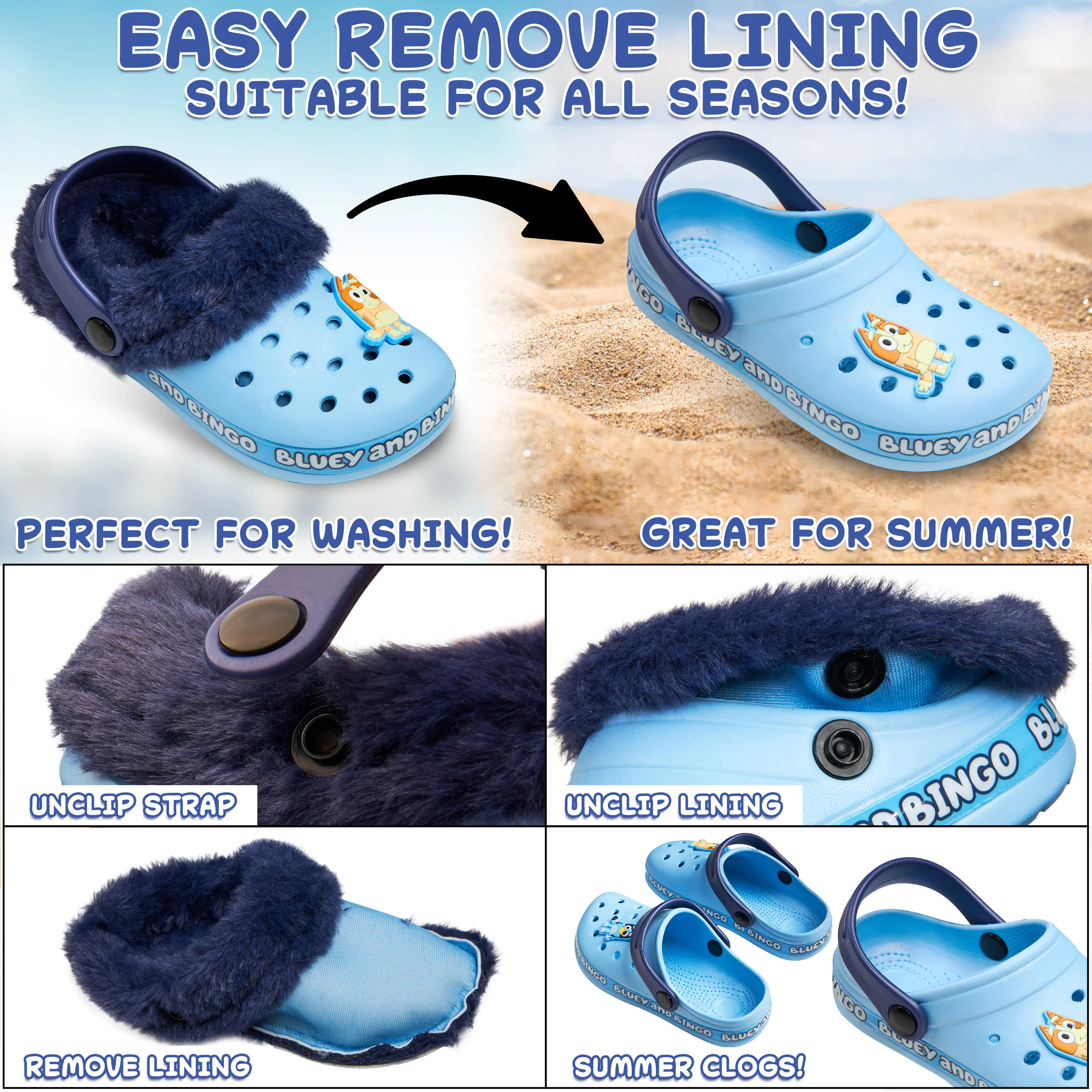 Bluey Kids Clogs with Removable Fur Lining & Charms Garden Shoes - Image 5
