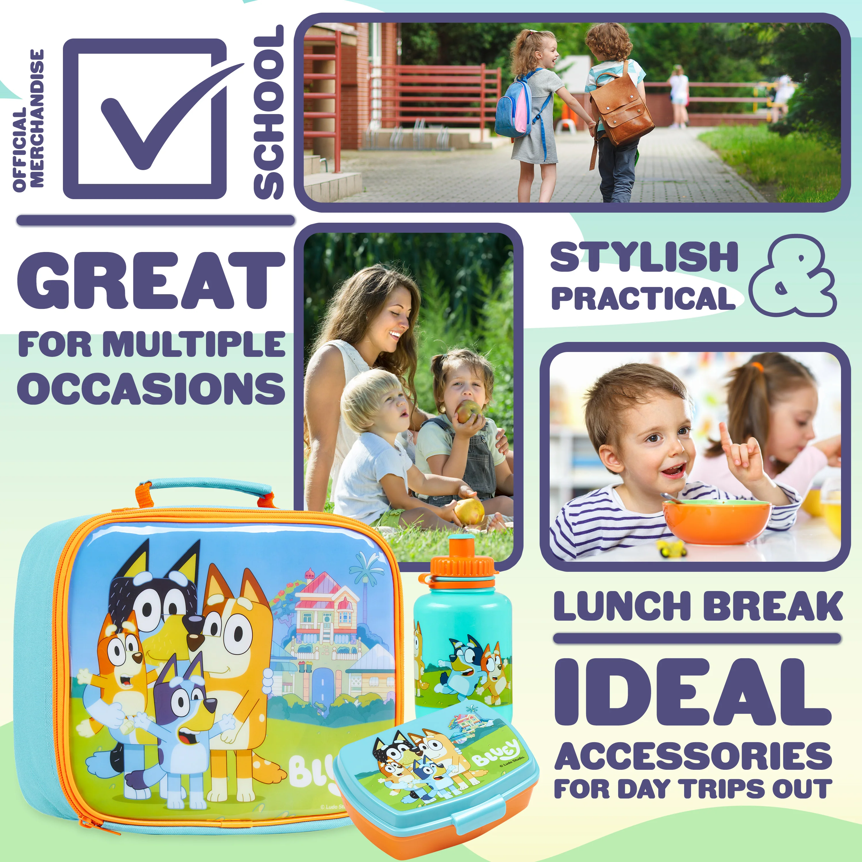 Bluey Lunch Box 3 Piece Set with Insulated Lunch Bag Snack Box BPA Free 430ml Water Bottle - for Preschool Nursery Travel or Day Trips - Kids Lunch Box Set - Image 4
