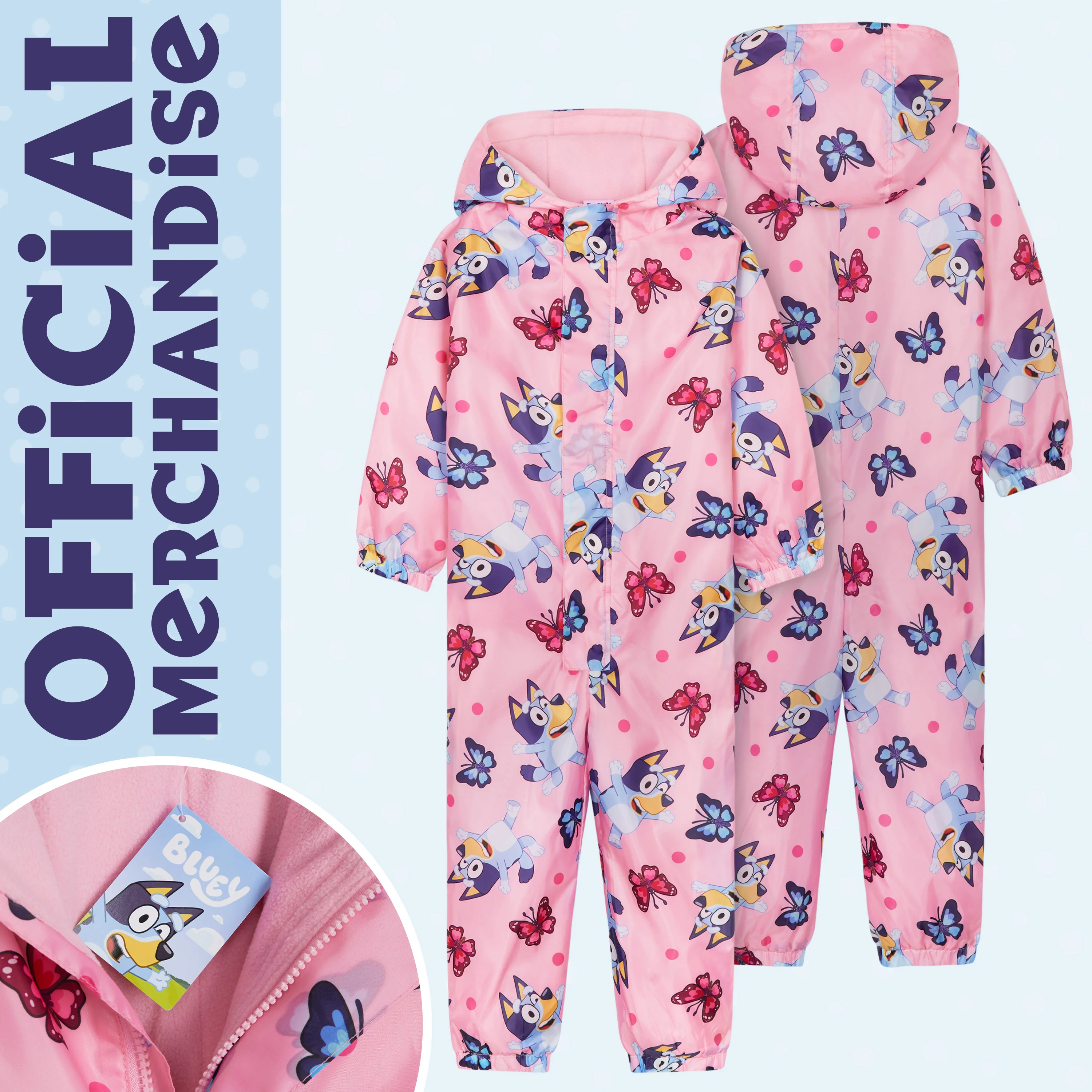 Bluey Puddle Suit Girls Waterproof All in One Rainsuit Kids with Hood Fleece Lined Outdoor Rainwear - Image 5