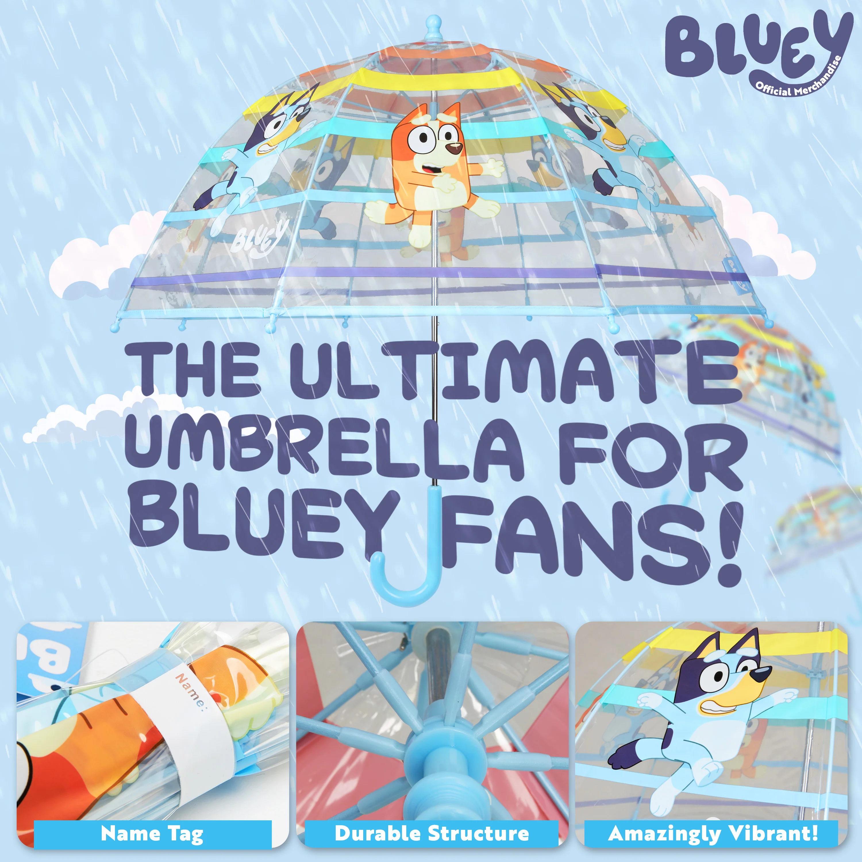 Bluey Stick Umbrella, Clear Dome Lightweight Kids Umbrella - Image 3