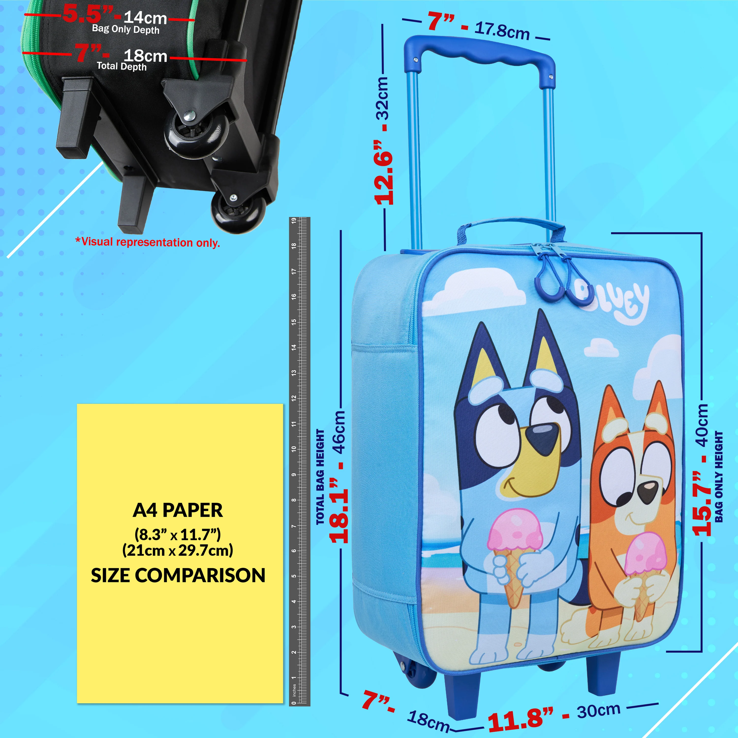 Bluey Suitcase Kids Foldable Trolley Bag Wheels 46x30x14cm 15L S (L46cm x W30cm - 15L, Blue) - Image 2