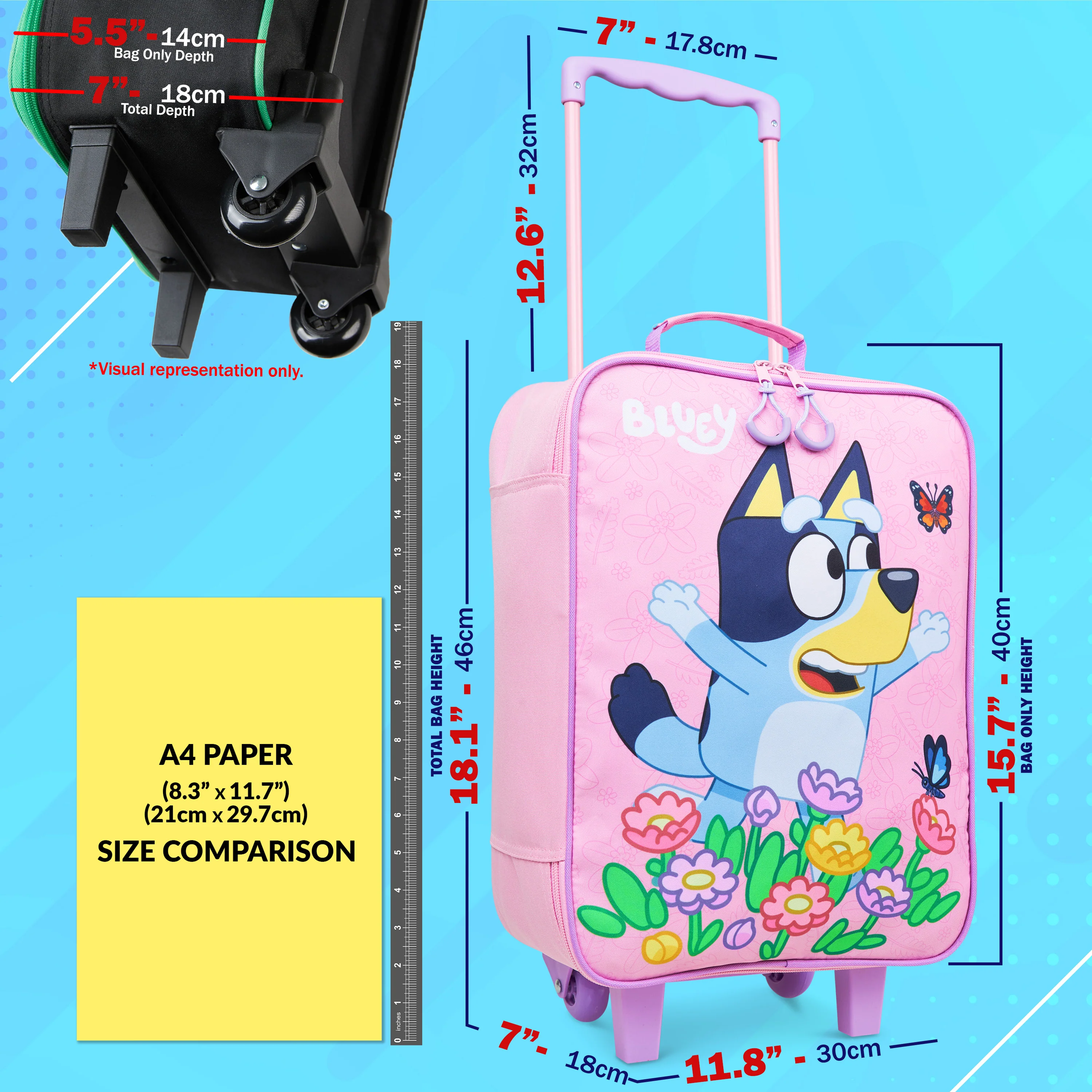 Bluey Suitcase Kids Foldable Trolley Bag Wheels 46x30x14cm 15L S (L46cm x W30cm - 15L, Pink) - Image 2