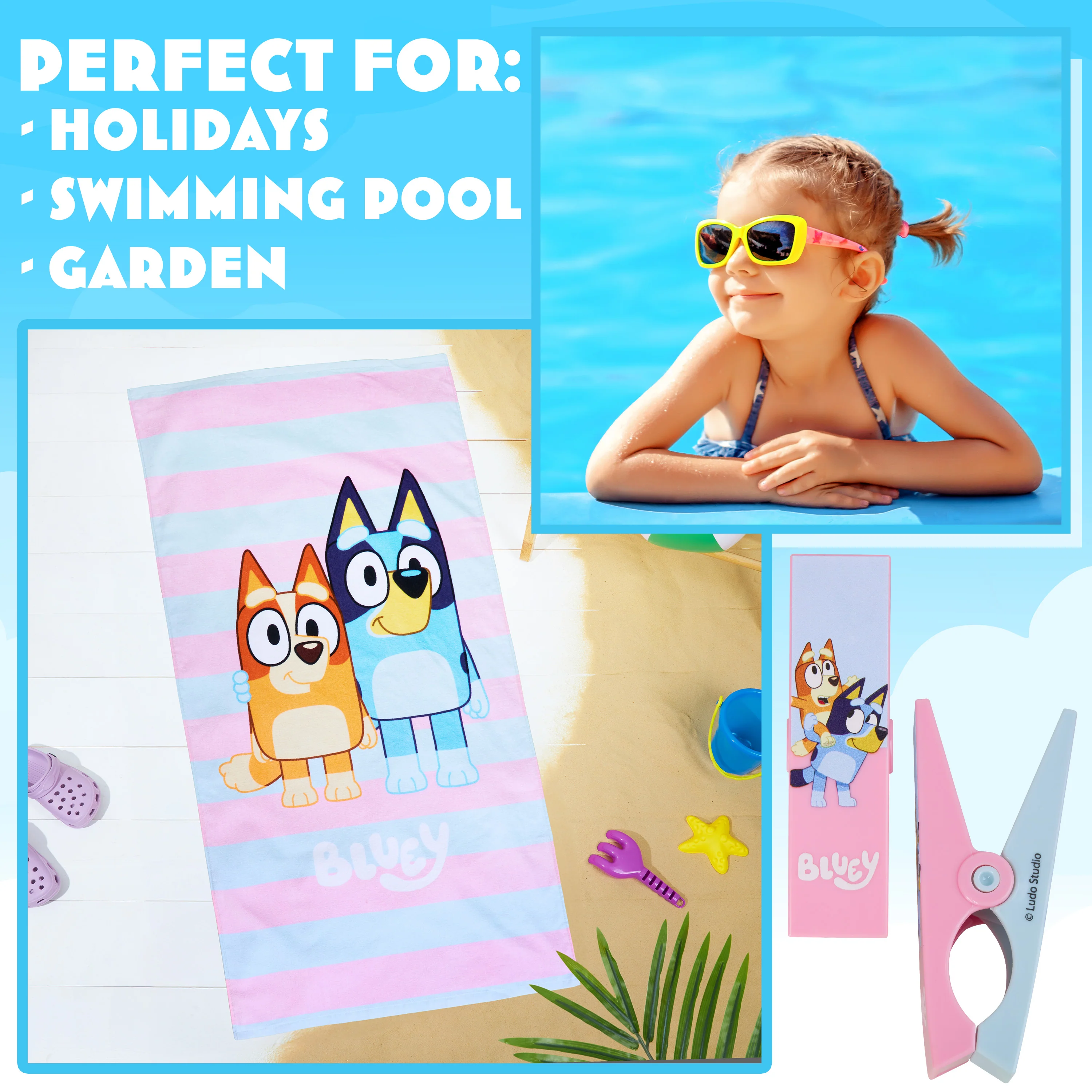 Bluey Towels for Kids with 2 Pegs Clips Beach Towel Soft Absorbent Bath Shower Swimming Towel 100% Cotton Quick Dry Holiday Essentials 140x70cm - Image 2