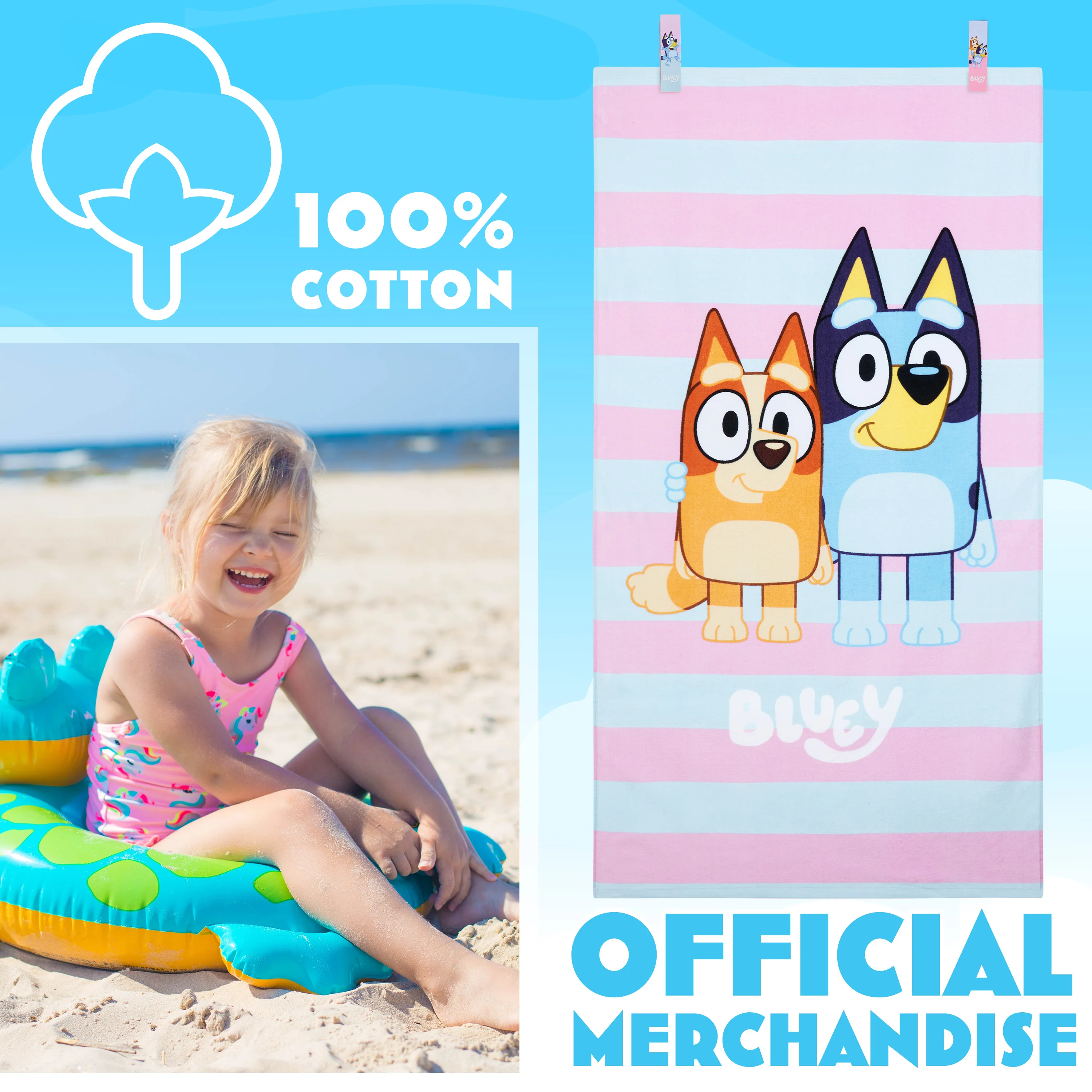 Bluey Towels for Kids with 2 Pegs Clips Beach Towel Soft Absorbent Bath Shower Swimming Towel 100% Cotton Quick Dry Holiday Essentials 140x70cm - Image 3