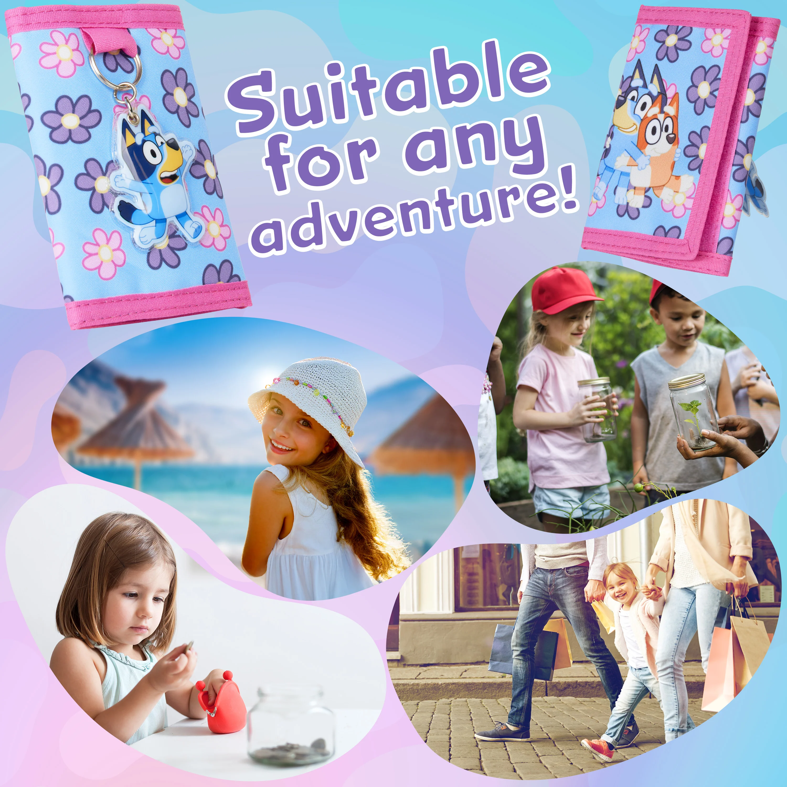 Bluey Wallet for Kids Trifold Purse with Zipped Coin Pocket Clear ID Slot Cash Slot for Travel Holidays Days Out Gifts for Kids - Image 3