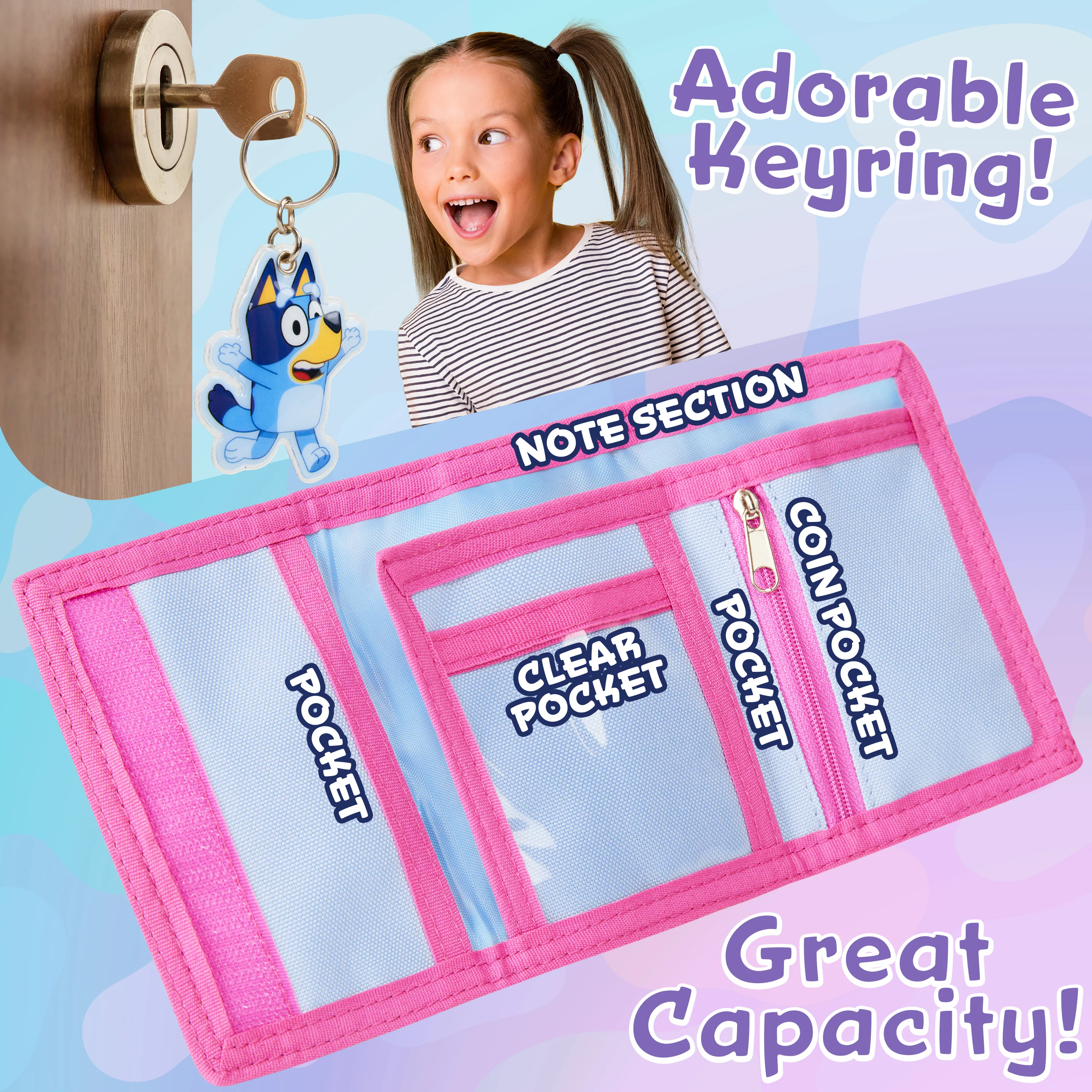 Bluey Wallet for Kids Trifold Purse with Zipped Coin Pocket Clear ID Slot Cash Slot for Travel Holidays Days Out Gifts for Kids - Image 4