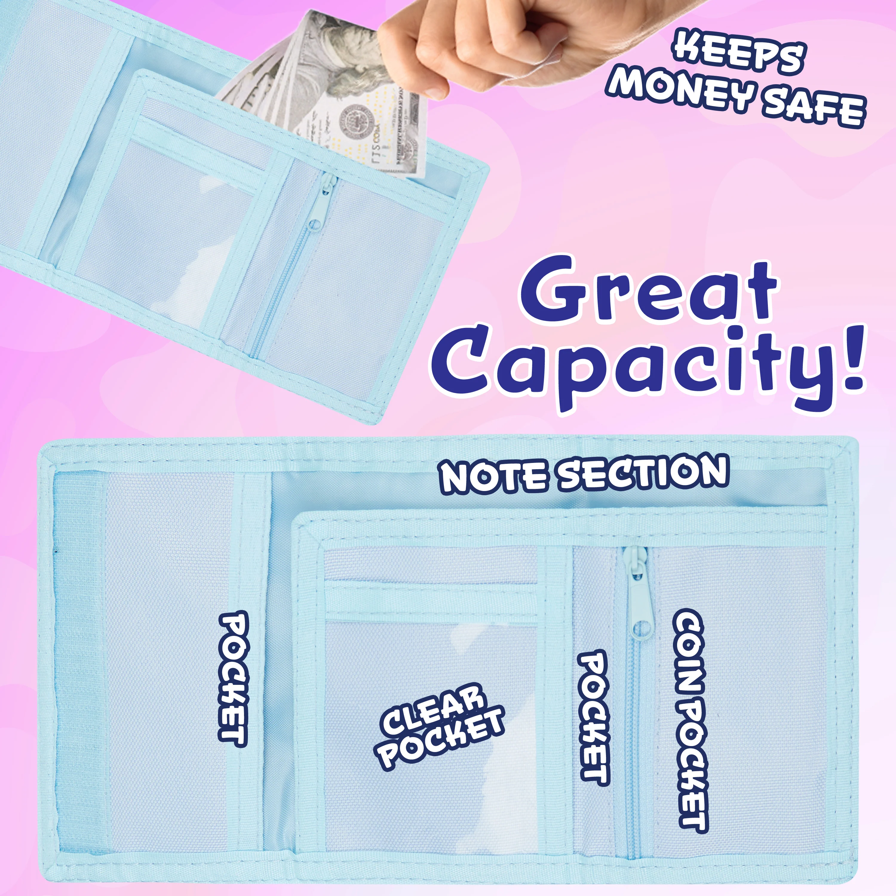 Bluey Wallet for Kids Trifold Purse with Zipped Coin Pocket Clear ID Slot Cash Slot for Travel Holidays Days Out Gifts for Kids - Image 4