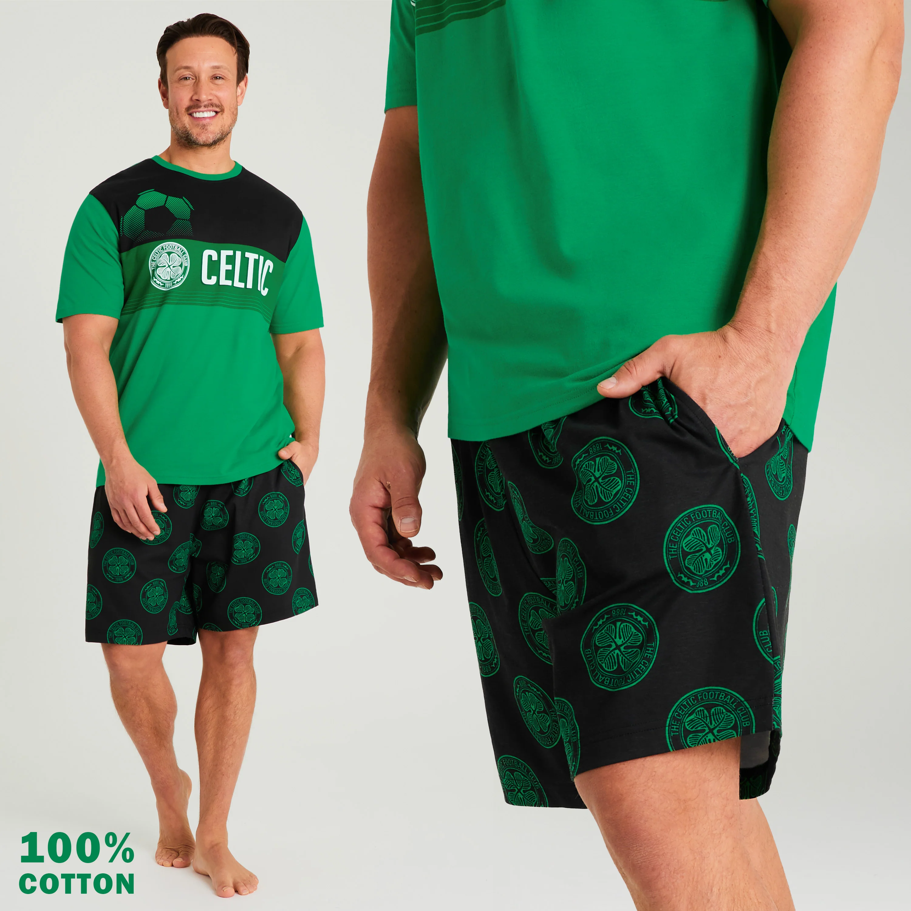 Celtic F.C. Mens PJs Sets, Shorts & T-Shirt Pyjama Set for Men - Green/Black - Image 5
