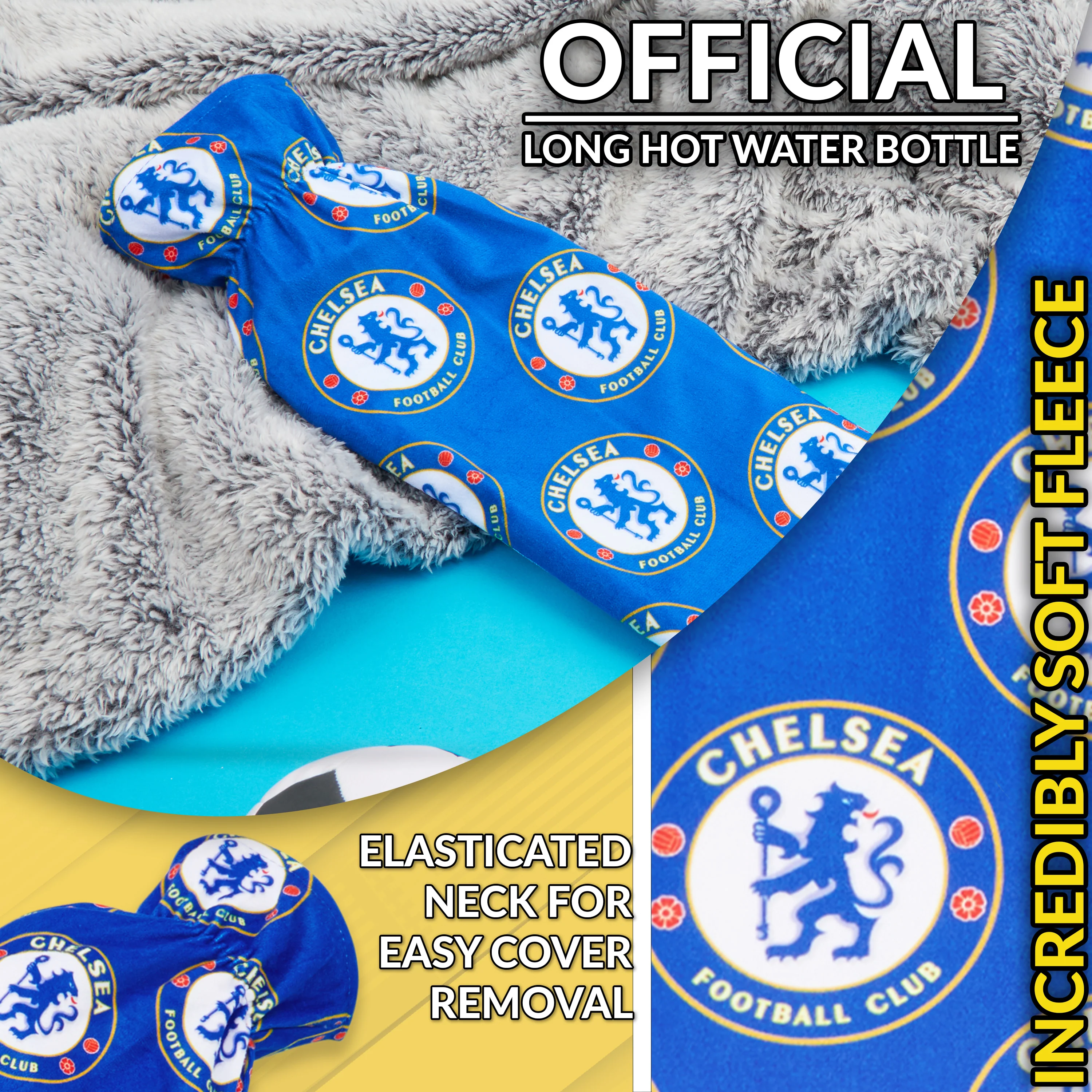 Chelsea F.C. Long Hot Water Bottle with Soft Cover 2L - Football Gifts for Him (Blue/White Long) - Image 4
