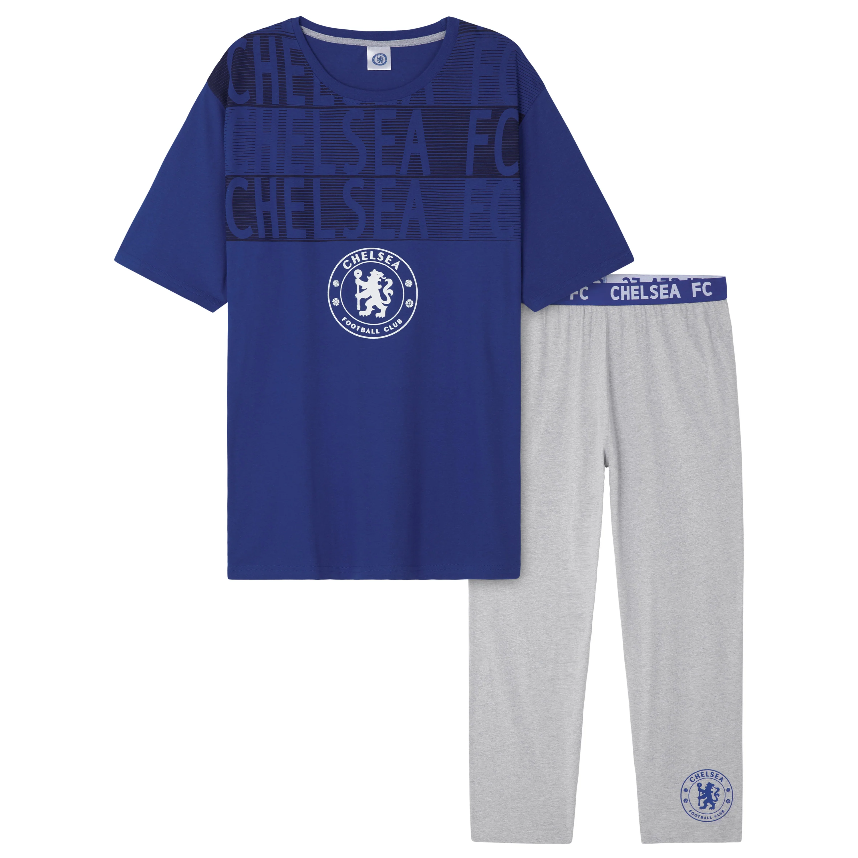 Chelsea F.C. Mens Pyjamas Set - T-Shirt and Long Bottoms - Blue & Grey
