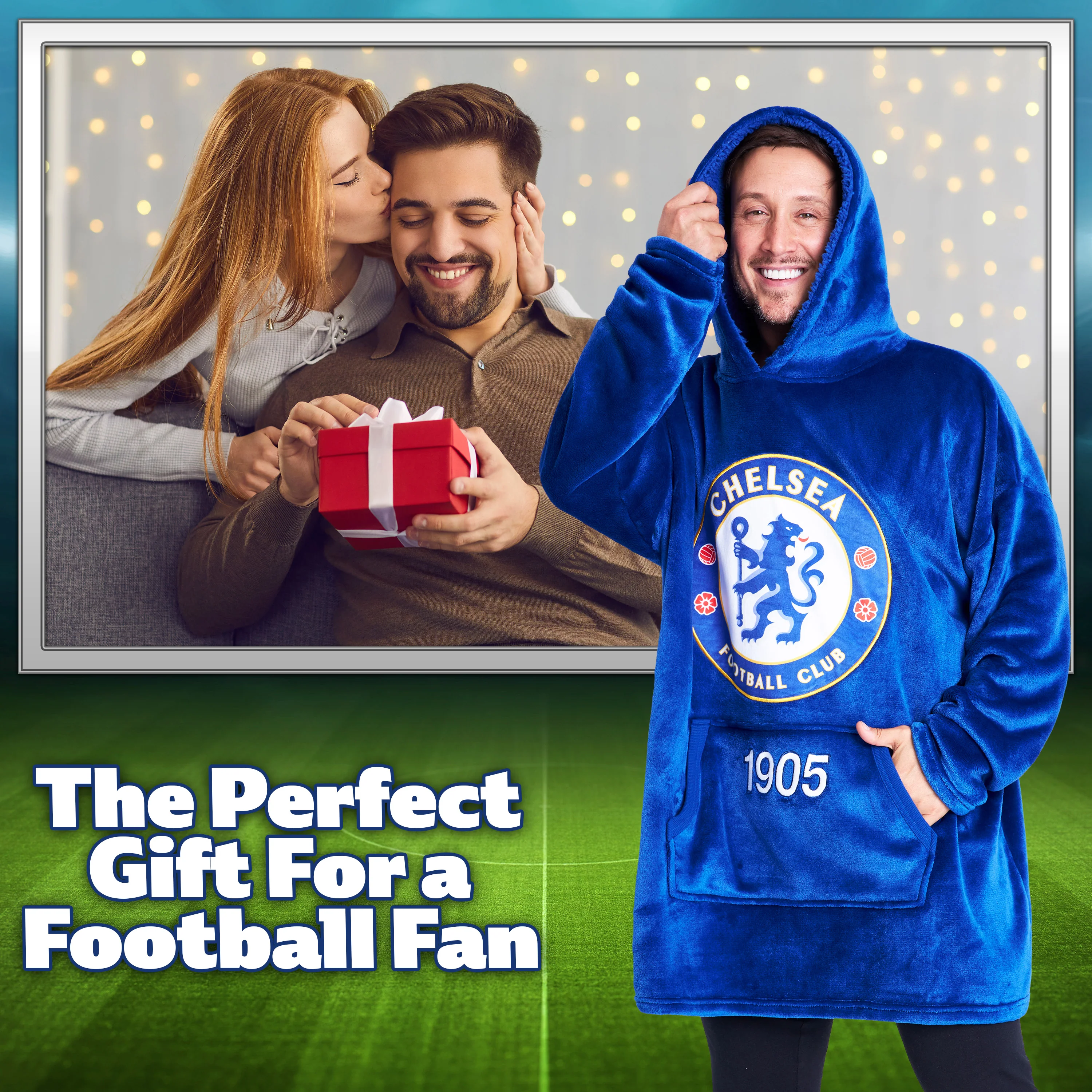 Chelsea FC Oversized Hoodie Blanket for Men, Football Gifts for Men (Blue) - Image 2
