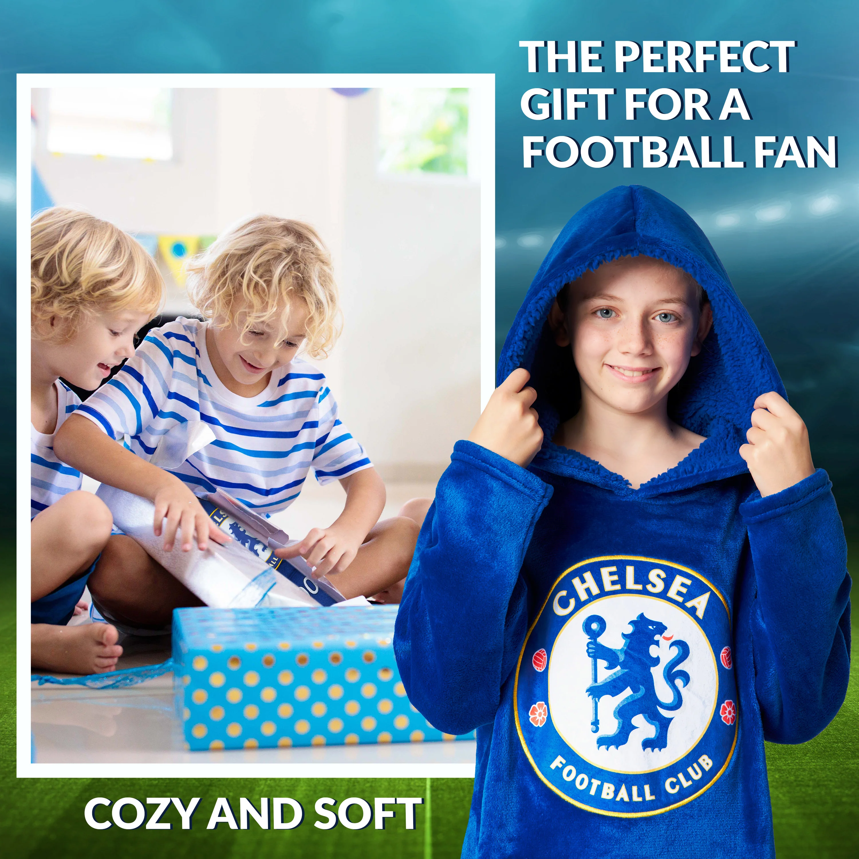 Chelsea FC Oversized Hoodie Blanket for Boys, Football Gifts for Boys (Blue) - Image 3