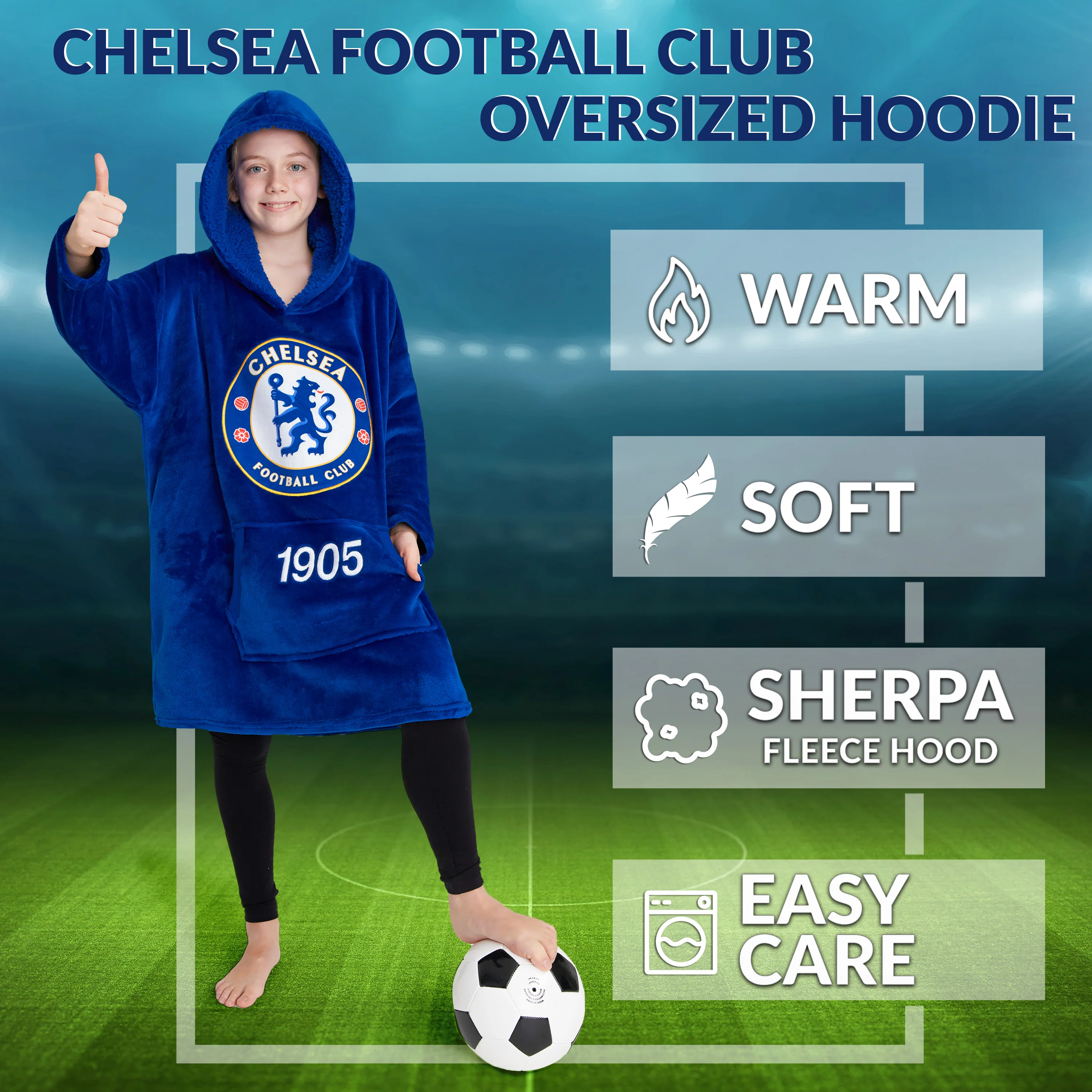 Chelsea FC Oversized Hoodie Blanket for Boys, Football Gifts for Boys (Blue) - Image 4