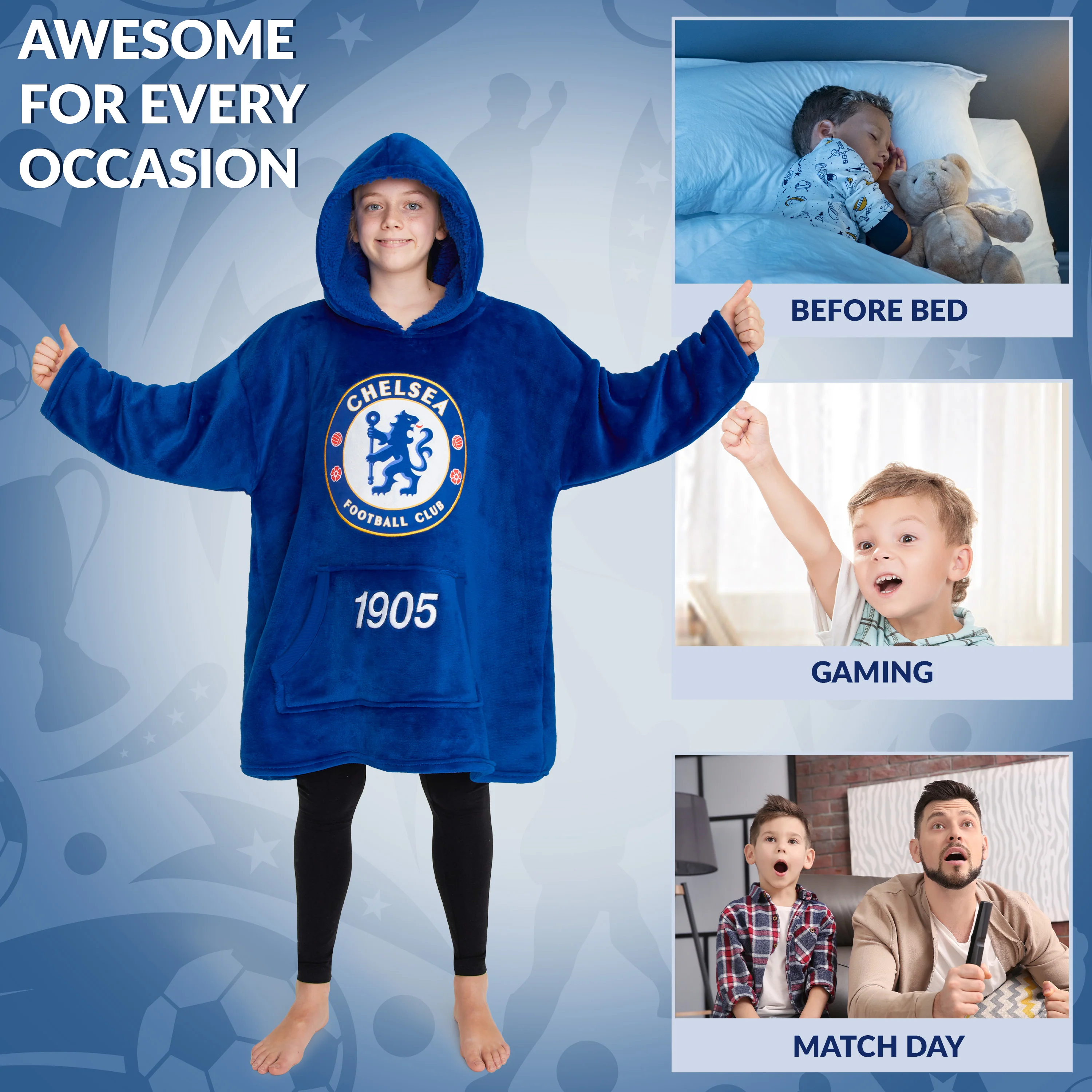 Chelsea FC Oversized Hoodie Blanket for Boys, Football Gifts for Boys (Blue) - Image 6