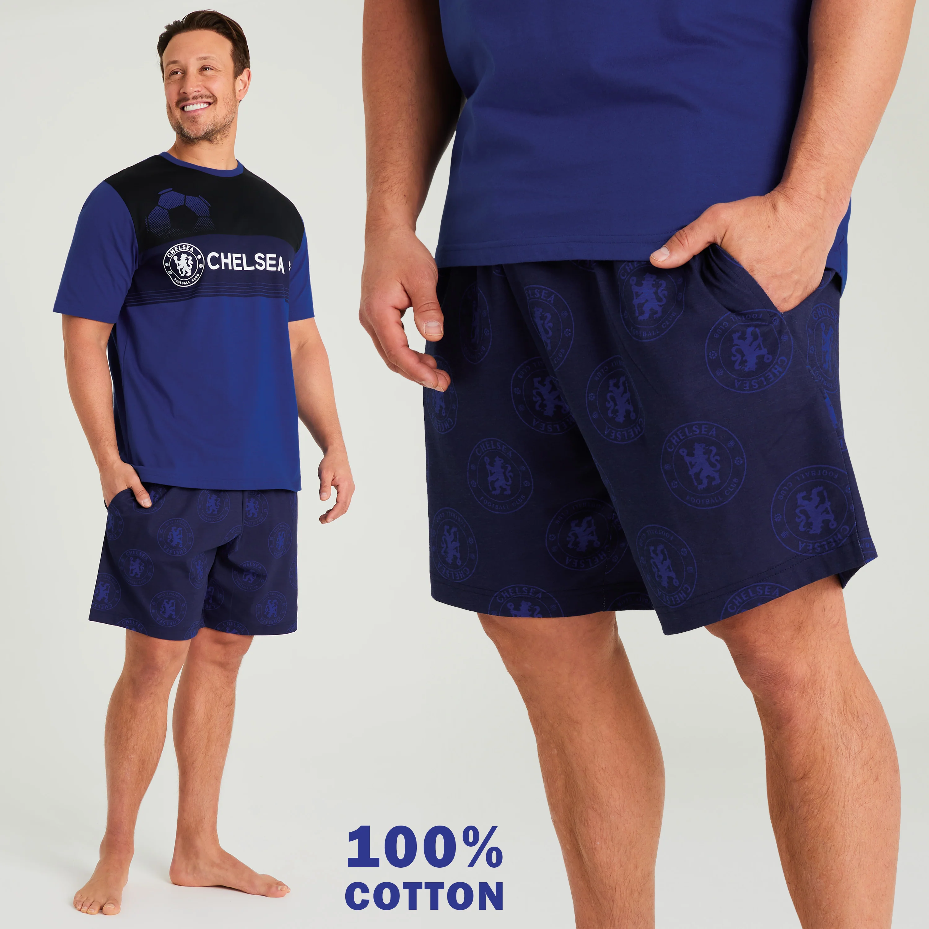 Chelsea Mens Pyjamas Set, 2 Piece T-Shirt and Short PJs - Navy/Black - Image 5