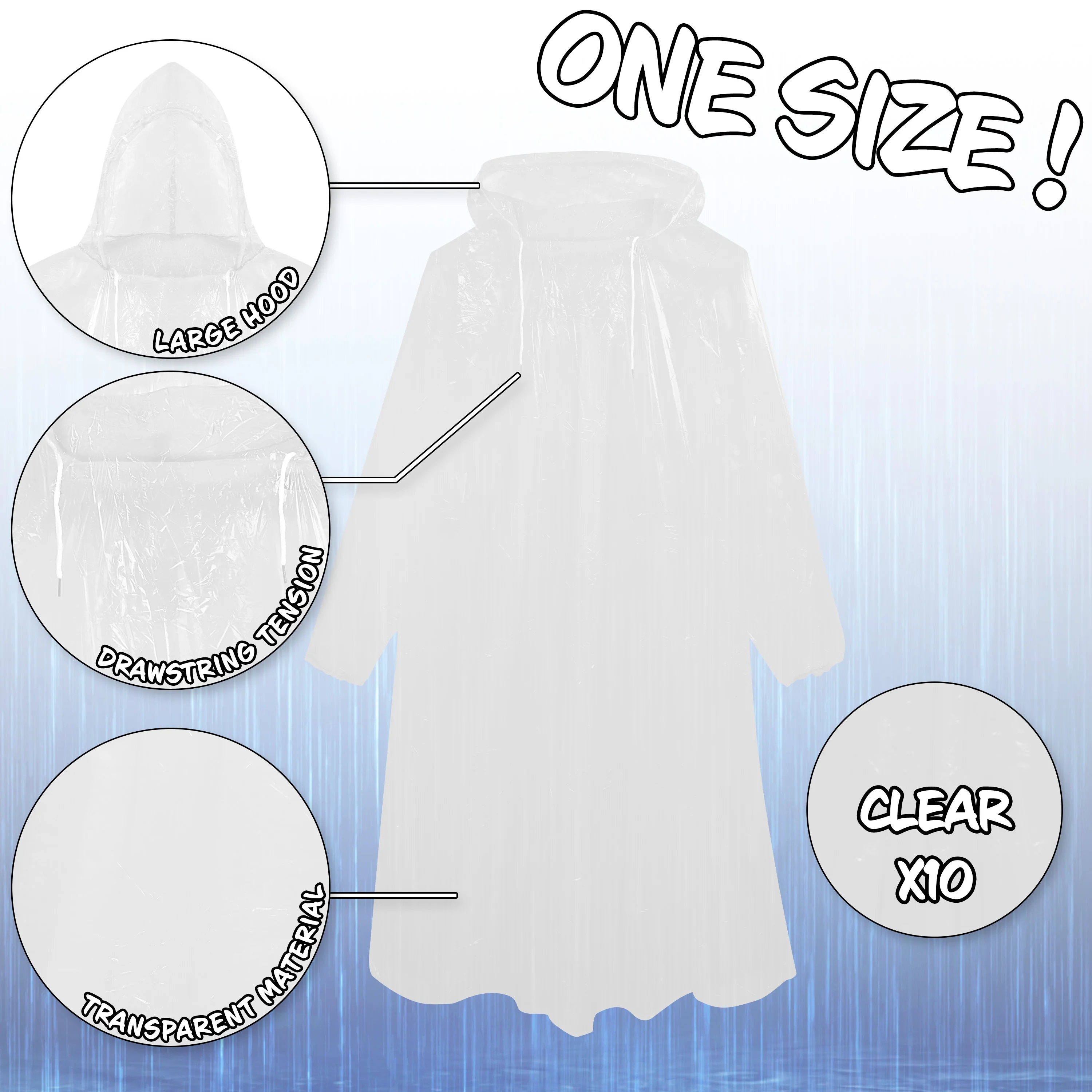 CityComfort Adults Rain Poncho Disposable Transparent Waterproof Ponchos Multipack - Image 3