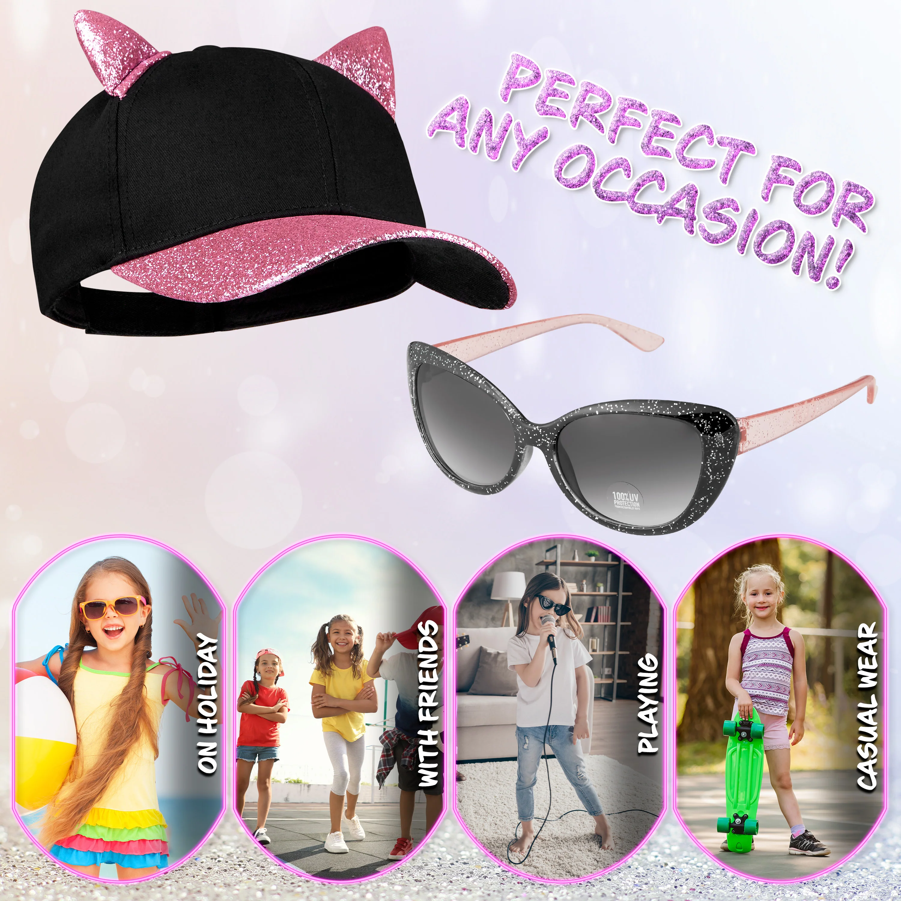 CityComfort Baseball Cap and Kids Sunglasses Set for Girls - Glitter Sun Hat and UV Protection Girls Sunglasses - Image 26