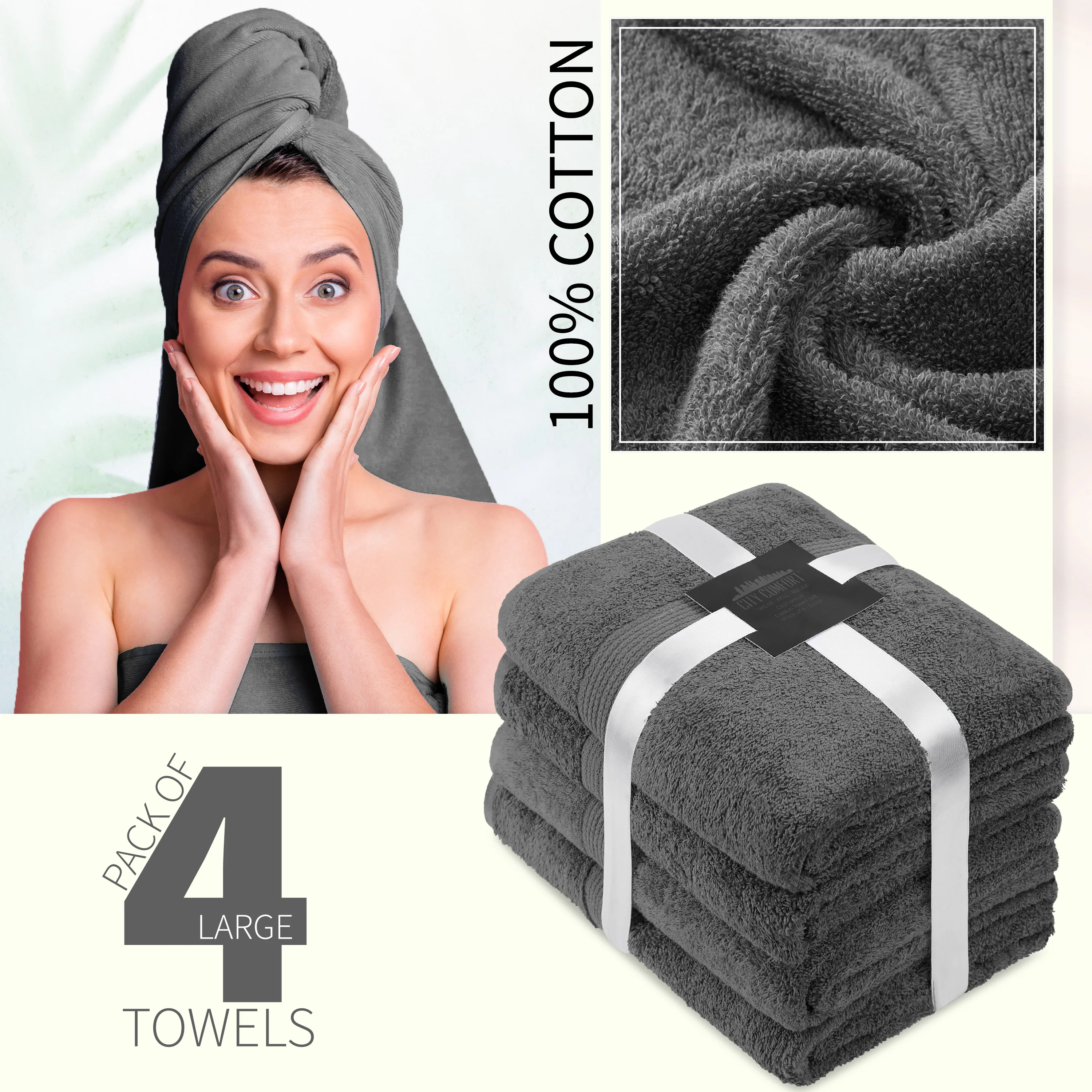 CityComfort Bath Towels Set of 4 100% Cotton 550 GSM 75x135cm Highly Absorbent Fluffy Bathroom Towels Household Essentials - Image 21