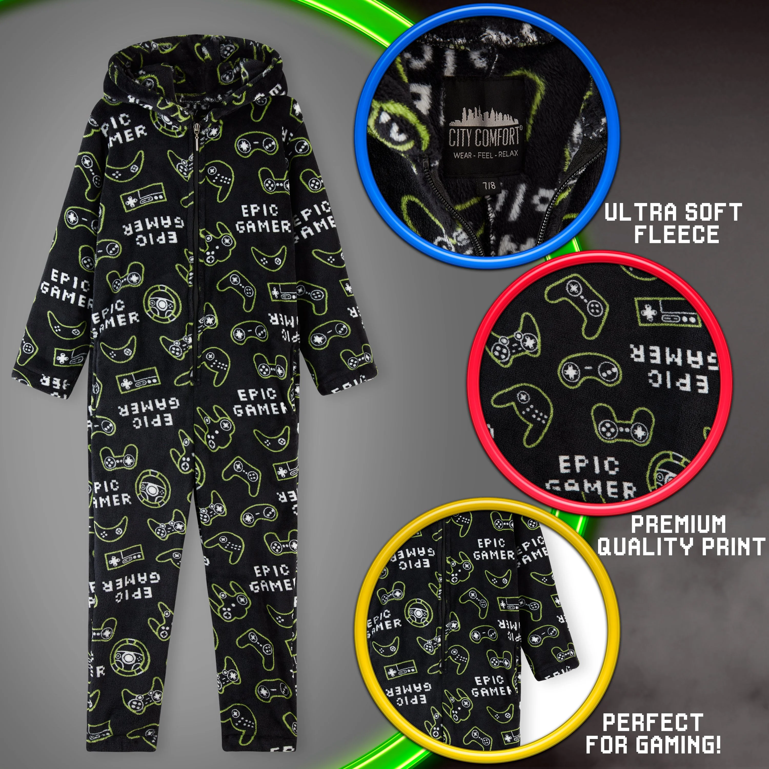 CityComfort Boys Onesie, Fleece Pyjamas, All in One Gaming Sleepsuit - Image 2