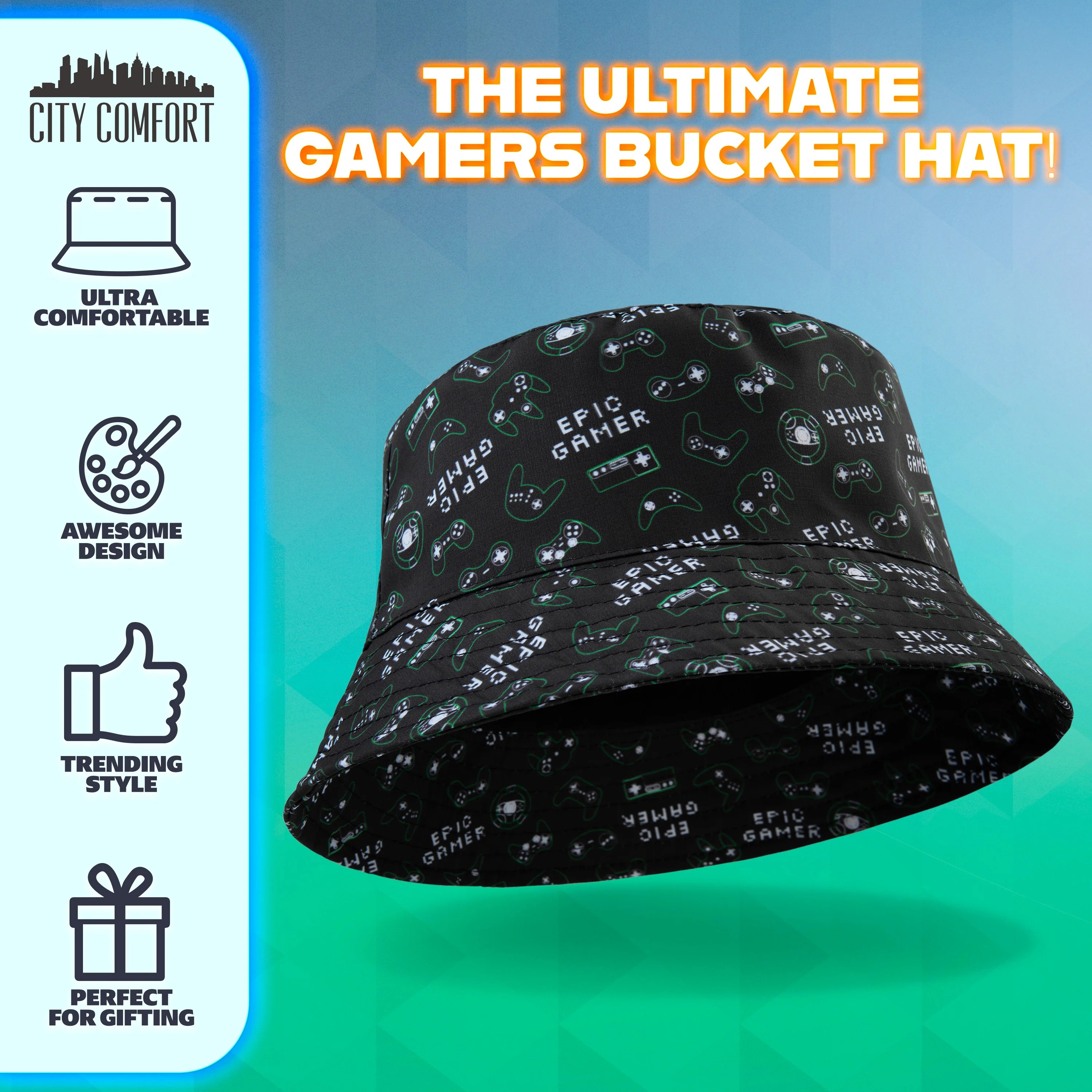 CityComfort Bucket Hat Kids Gamer Sun Hat for Boys and Girls - Black - Image 5