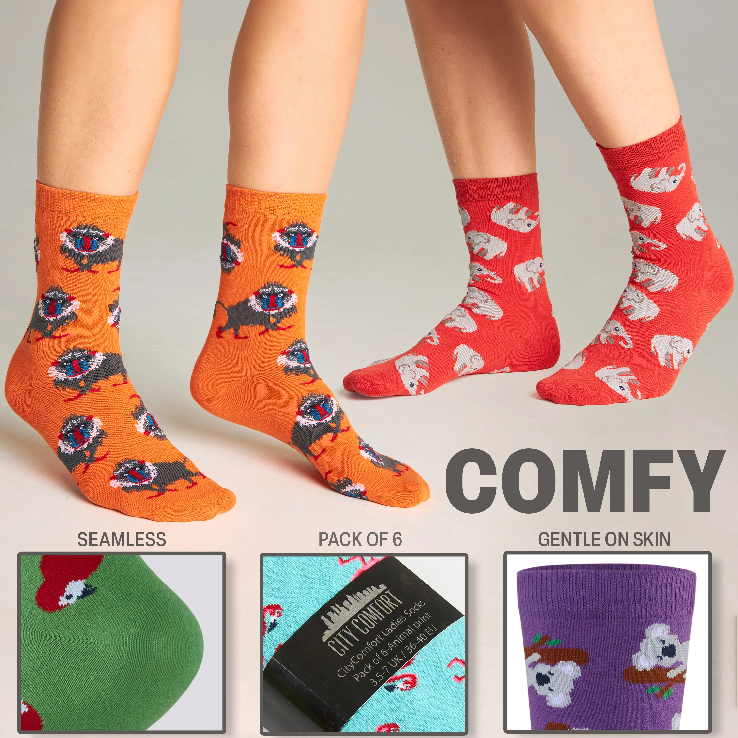 CityComfort Calf Socks for Women and Teenagers - Multi Animal - Pack of 6 - Image 3