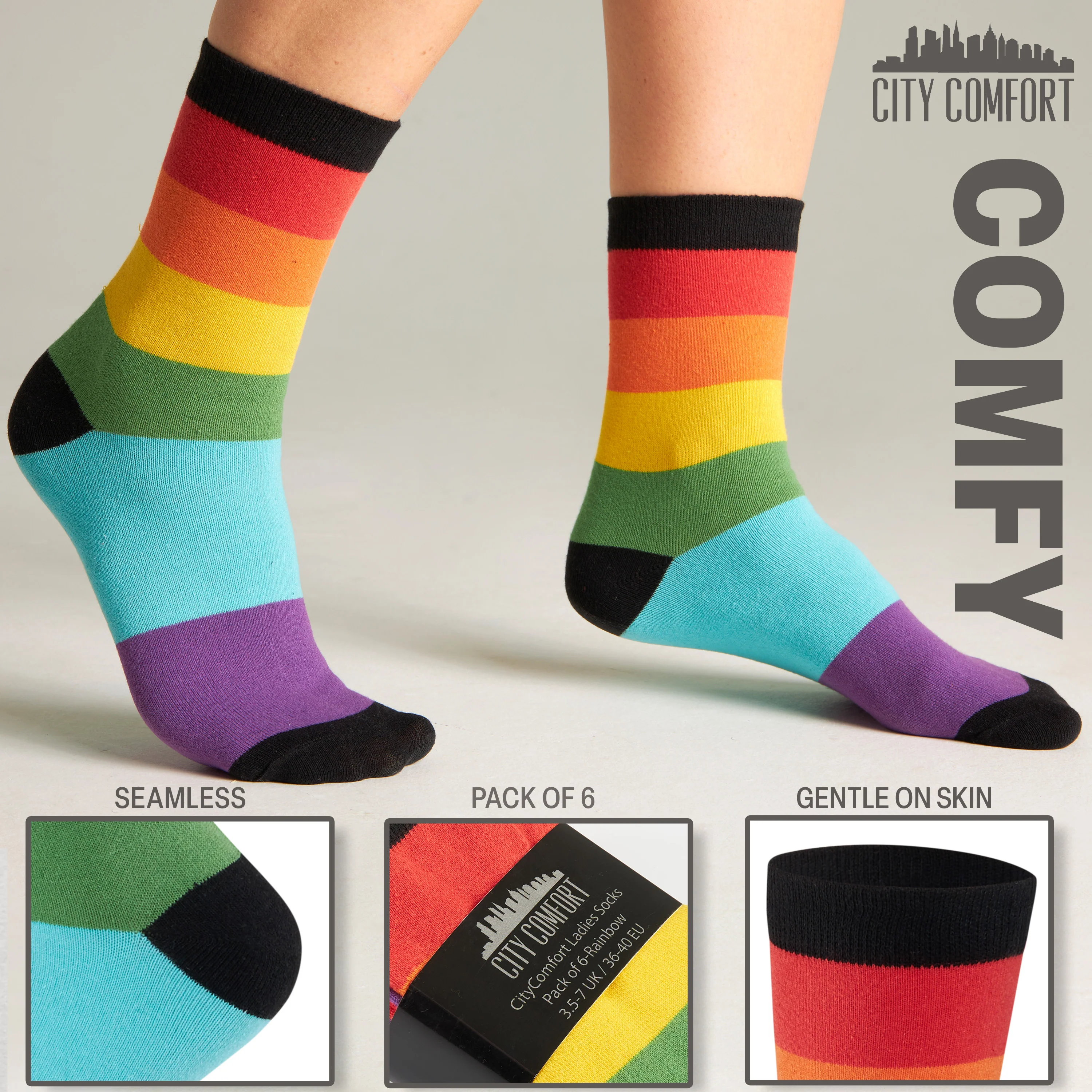 CityComfort Calf Socks for Women and Teenagers - Rainbow - Pack of 6 - Image 3