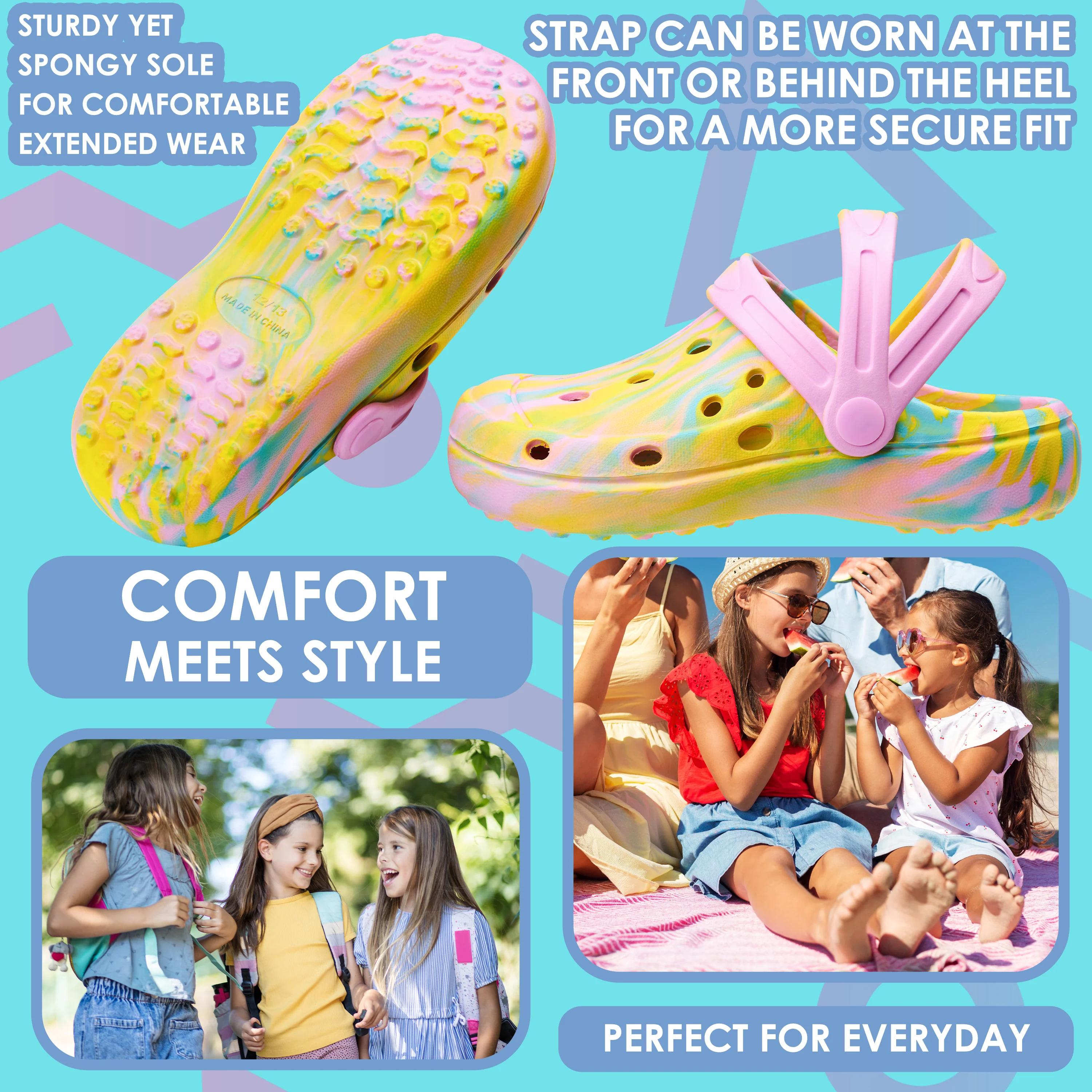 CityComfort Clogs for Girls Garden Shoes Tie Dye Summer Slip On with Strap for Beach Pool Indoor Outdoor Holiday Essentials - Image 3