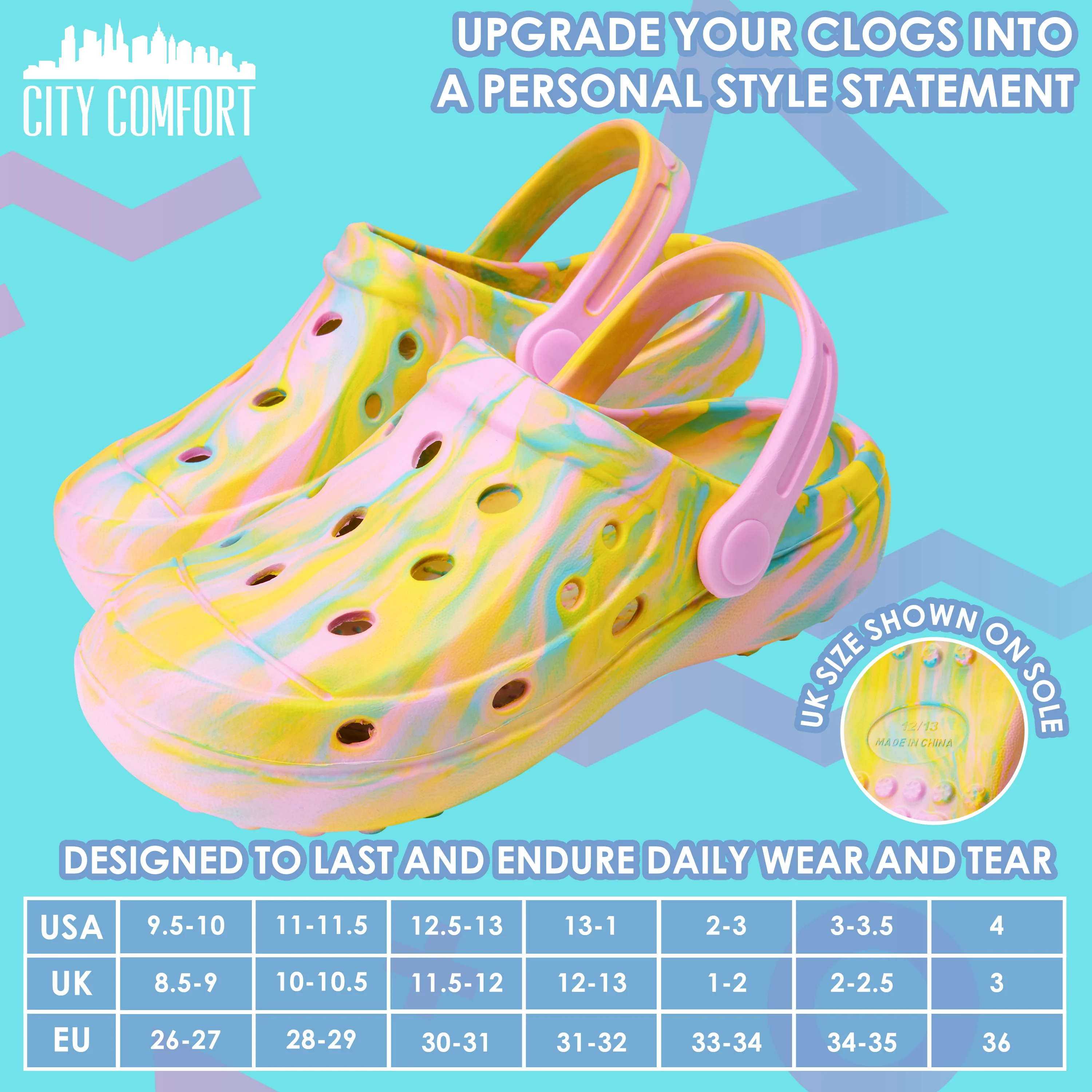 CityComfort Clogs for Girls Garden Shoes Tie Dye Summer Slip On with Strap for Beach Pool Indoor Outdoor Holiday Essentials - Image 6