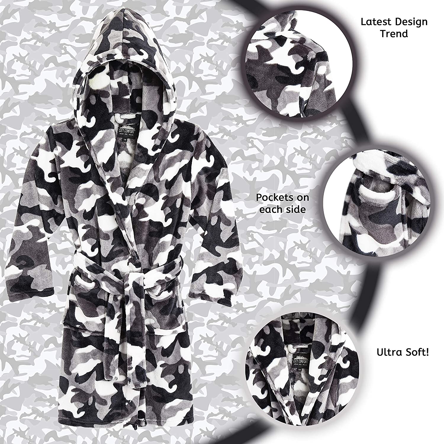 CityComfort Dressing Gown,Camo Fleece Robes with Hoodie and Pockets,for Kids - Image 3