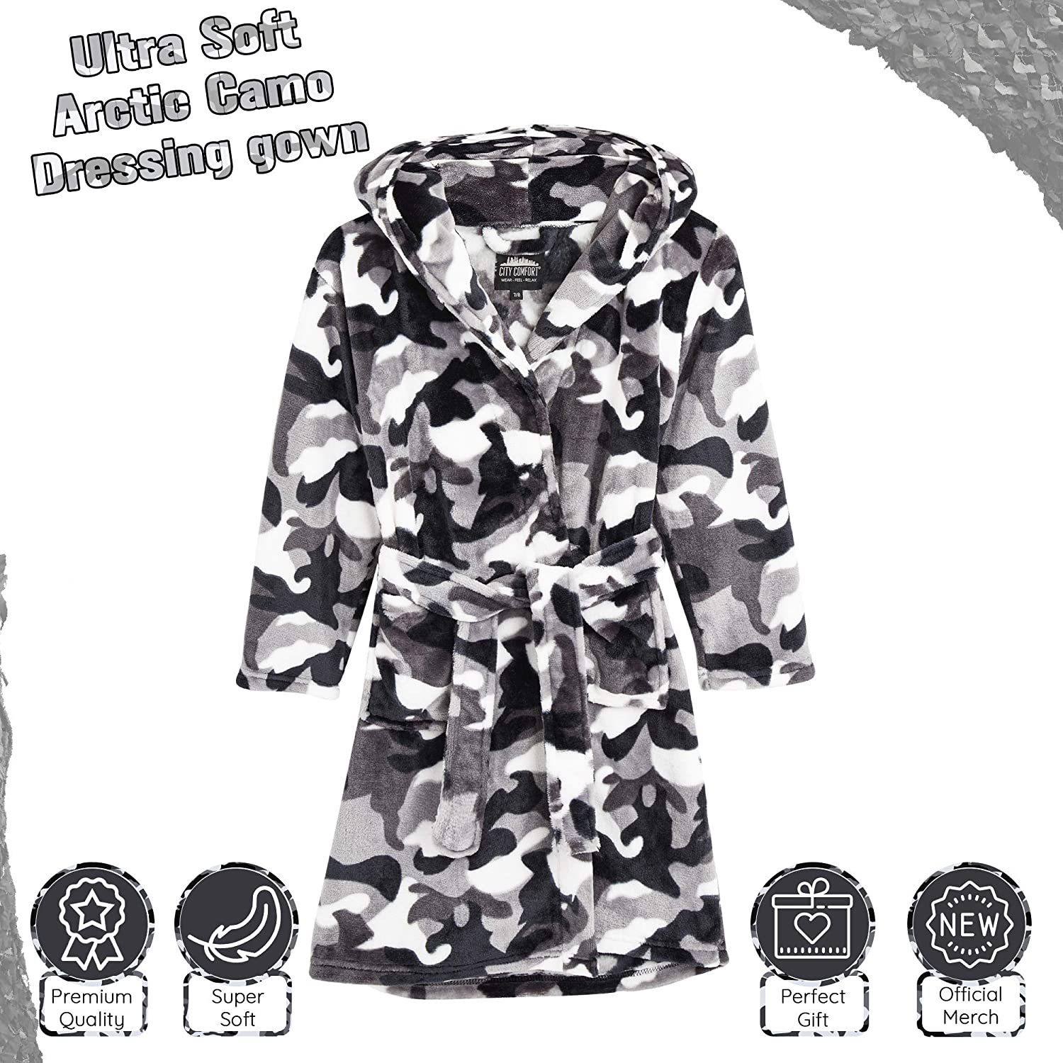 CityComfort Dressing Gown,Camo Fleece Robes with Hoodie and Pockets,for Kids - Image 4