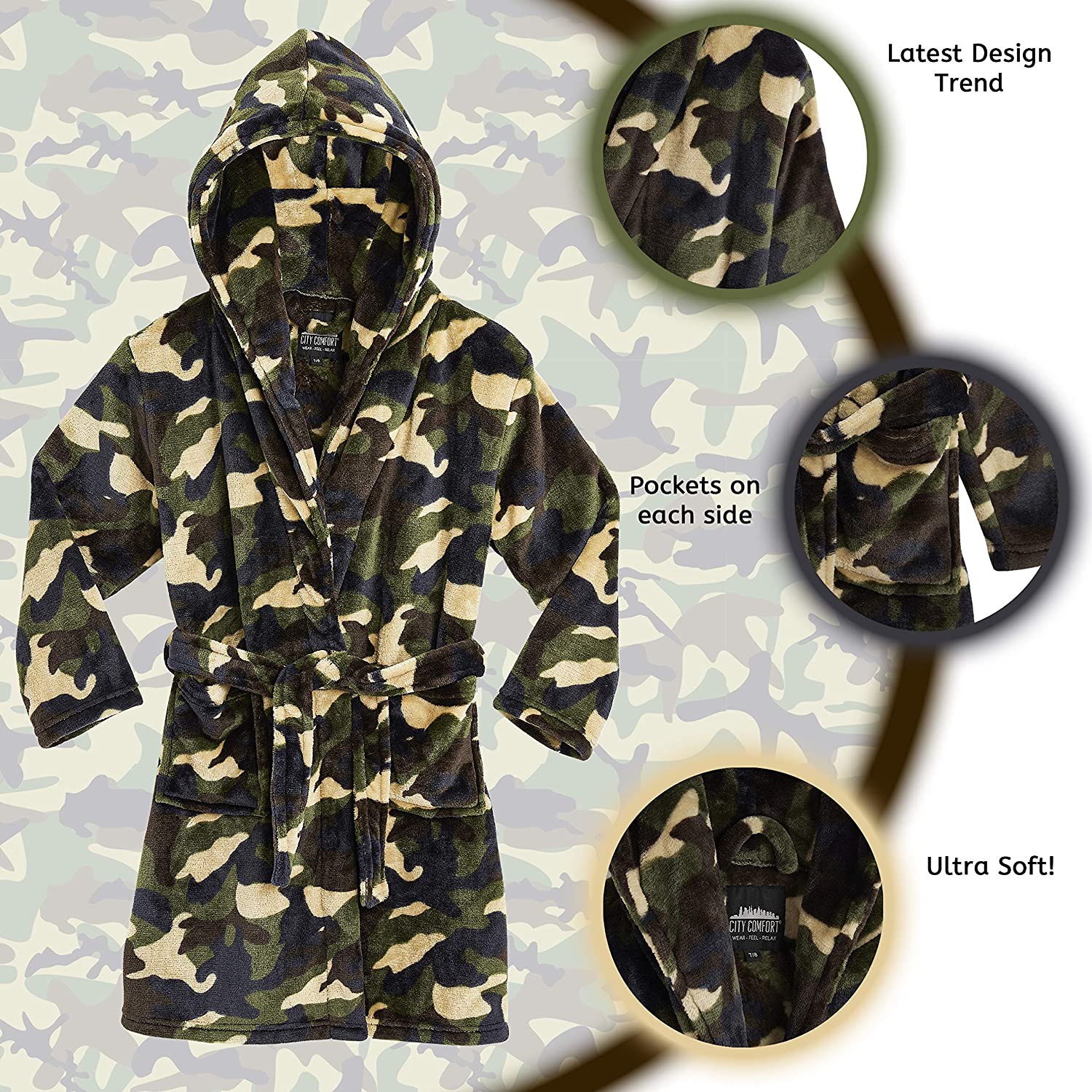 CityComfort Dressing Gown,Camo Fleece Robes with Hoodie and Pockets,for Kids - Image 9